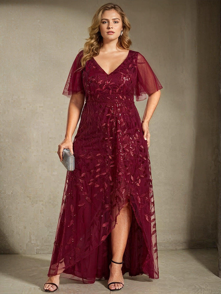 Col V Manches courtes Robe de la Mère de la Mariée Grande Taille en BORDEAUX