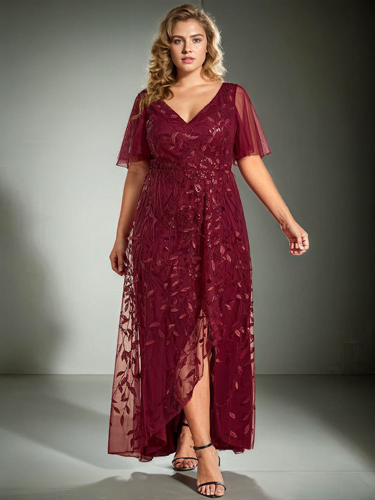 Col V Manches courtes Robe de la Mère de la Mariée Grande Taille en BORDEAUX