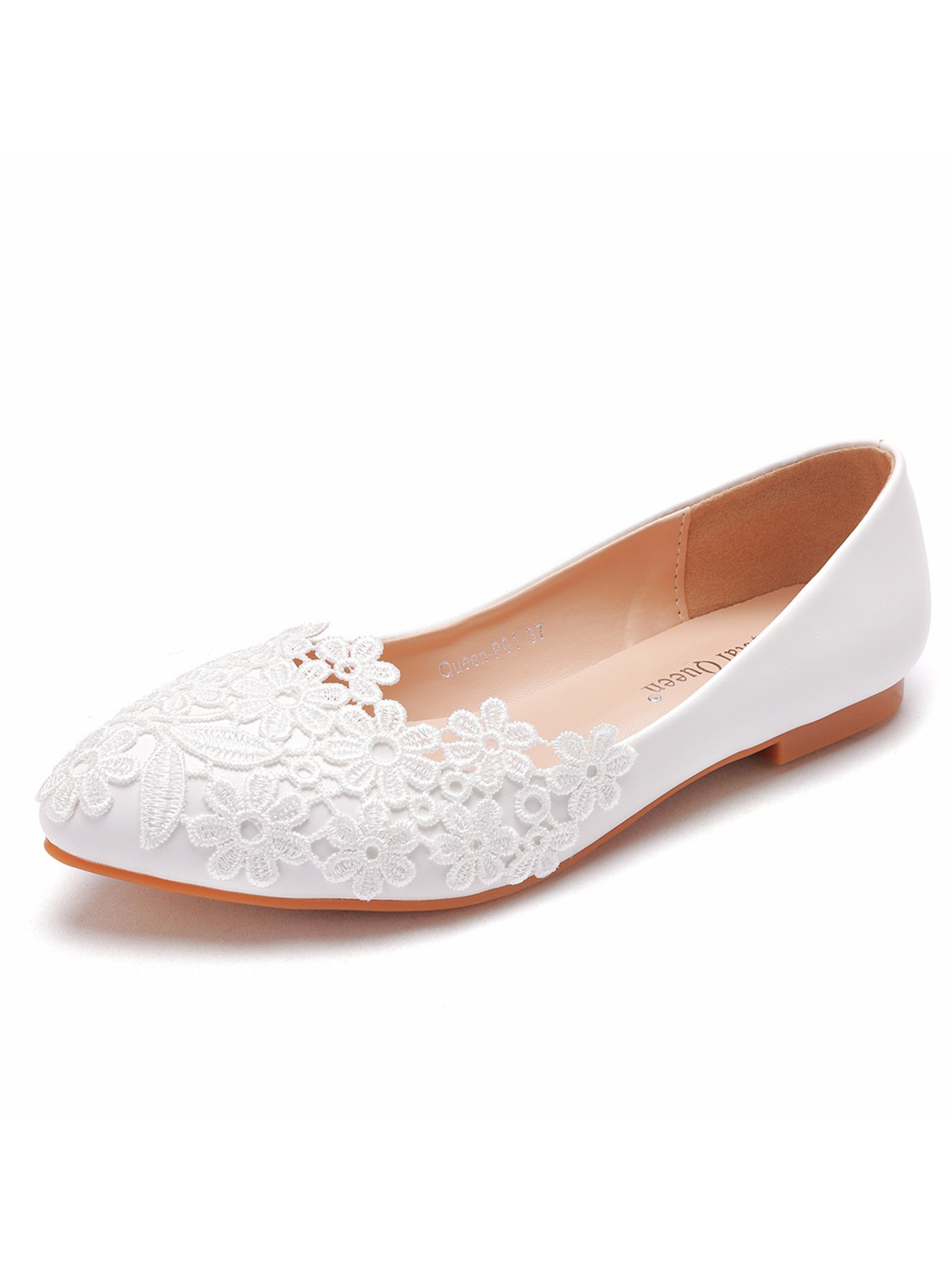 Chaussures de Mariage en Dentelle Blanches à Bout Pointu Talons Plats Décontractés