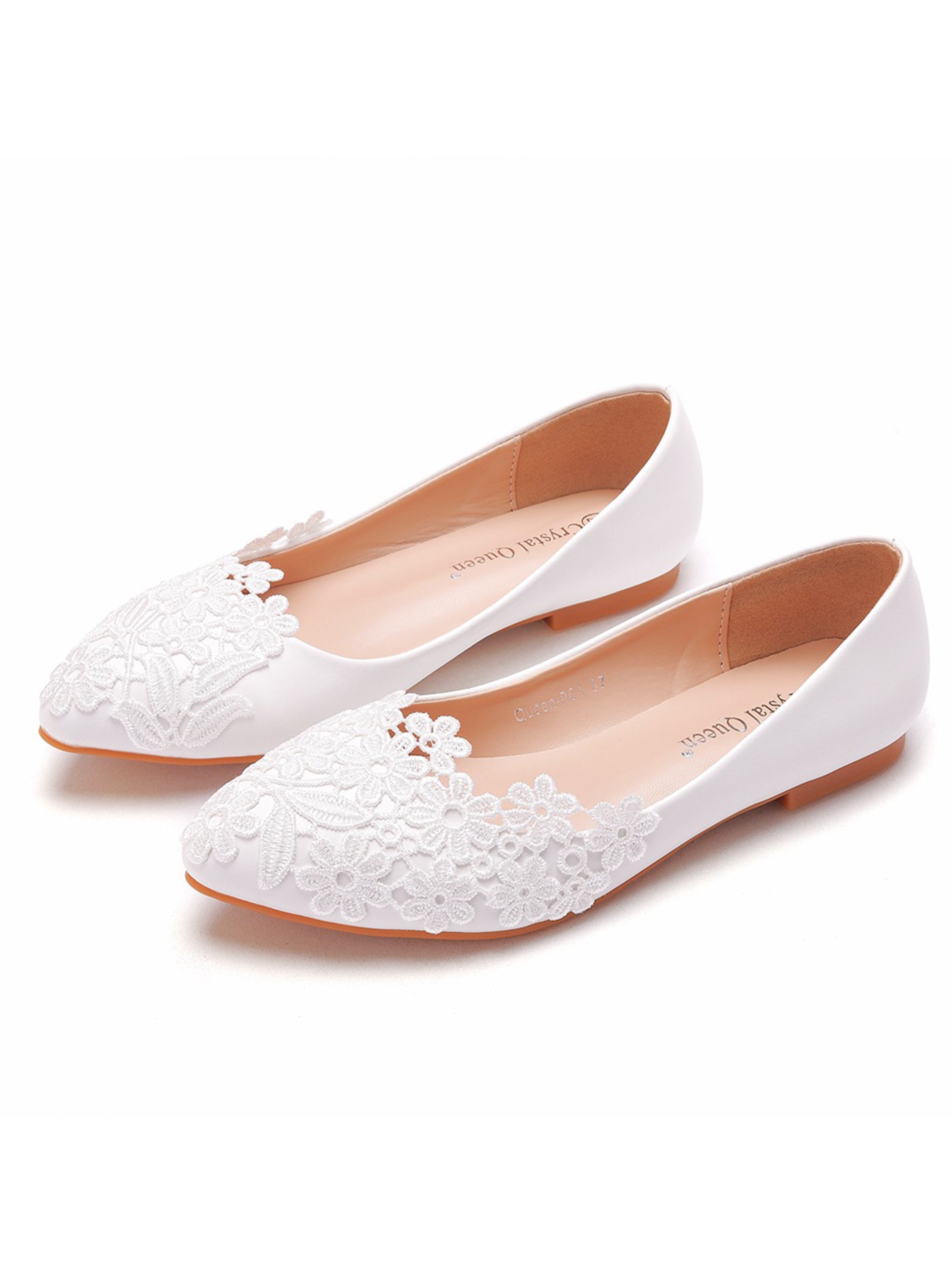 Chaussures de Mariage en Dentelle Blanches à Bout Pointu Talons Plats Décontractés