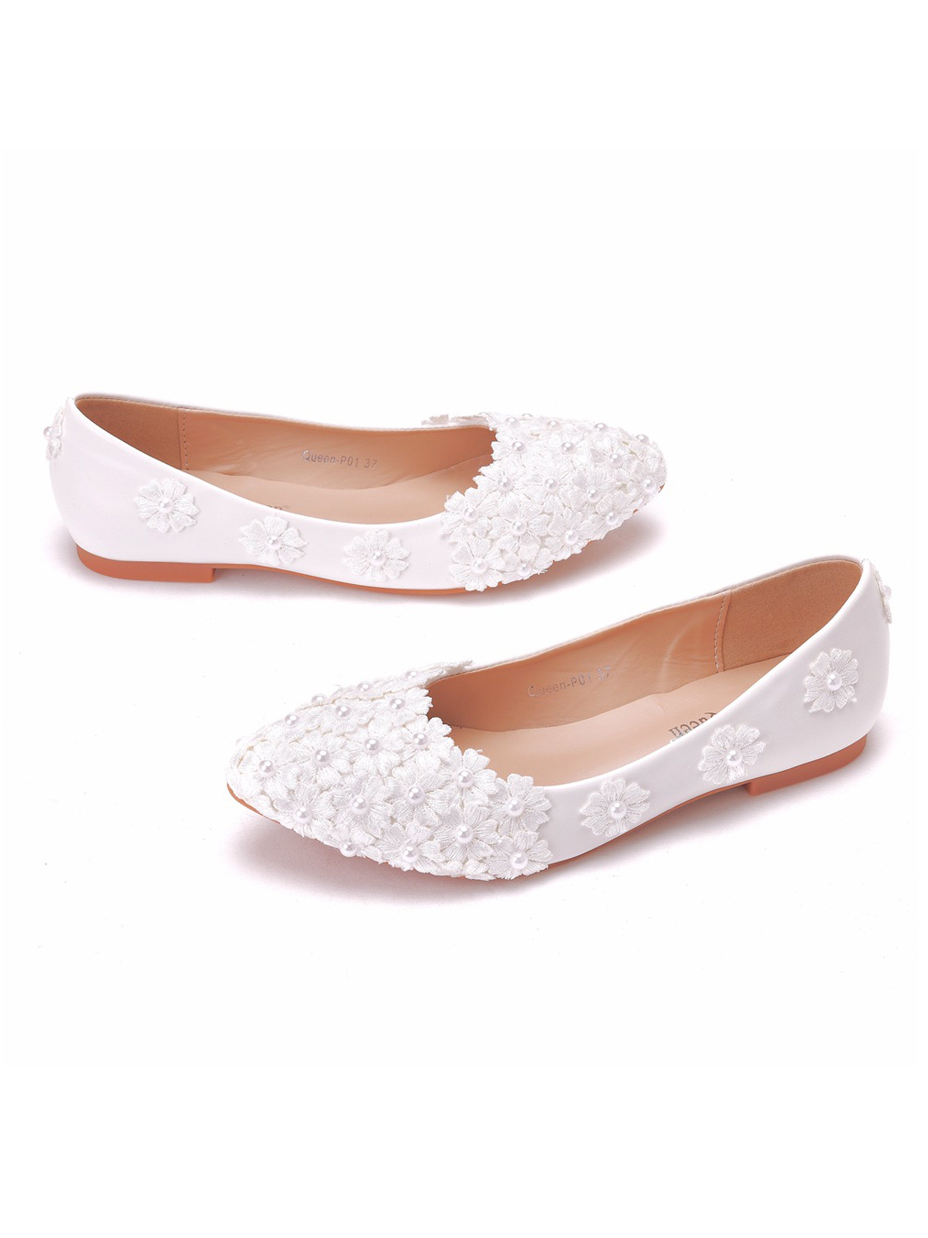 Chaussures de Mariage Plates à Bout Pointu Chaussures en Dentelle Fleure et Perles pour Femmes