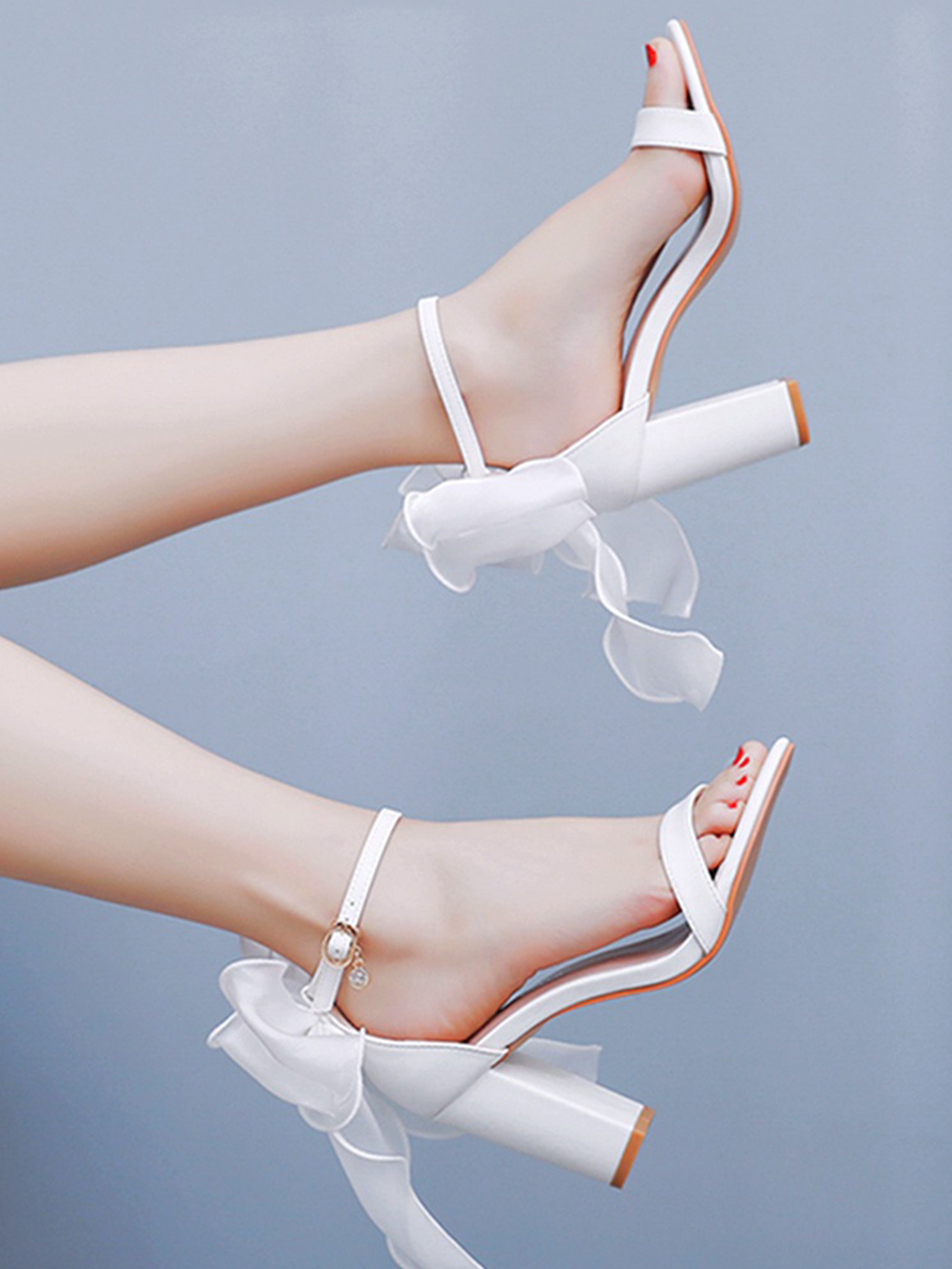 Sandales Mariée Blanc À Nœud Papillon Talon Femme Tuxedo Chaussures de mariage