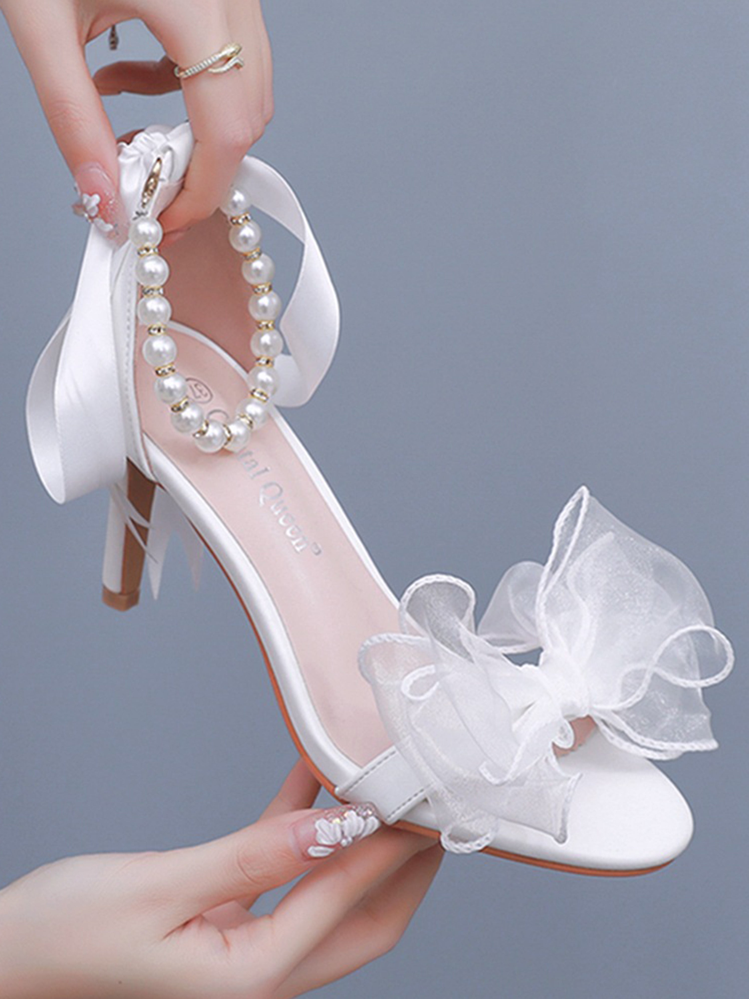 Sandales de Mariée Blanc Perles à Talon Fin avec Nœud et Bout Ouvert Chaussures de mariage