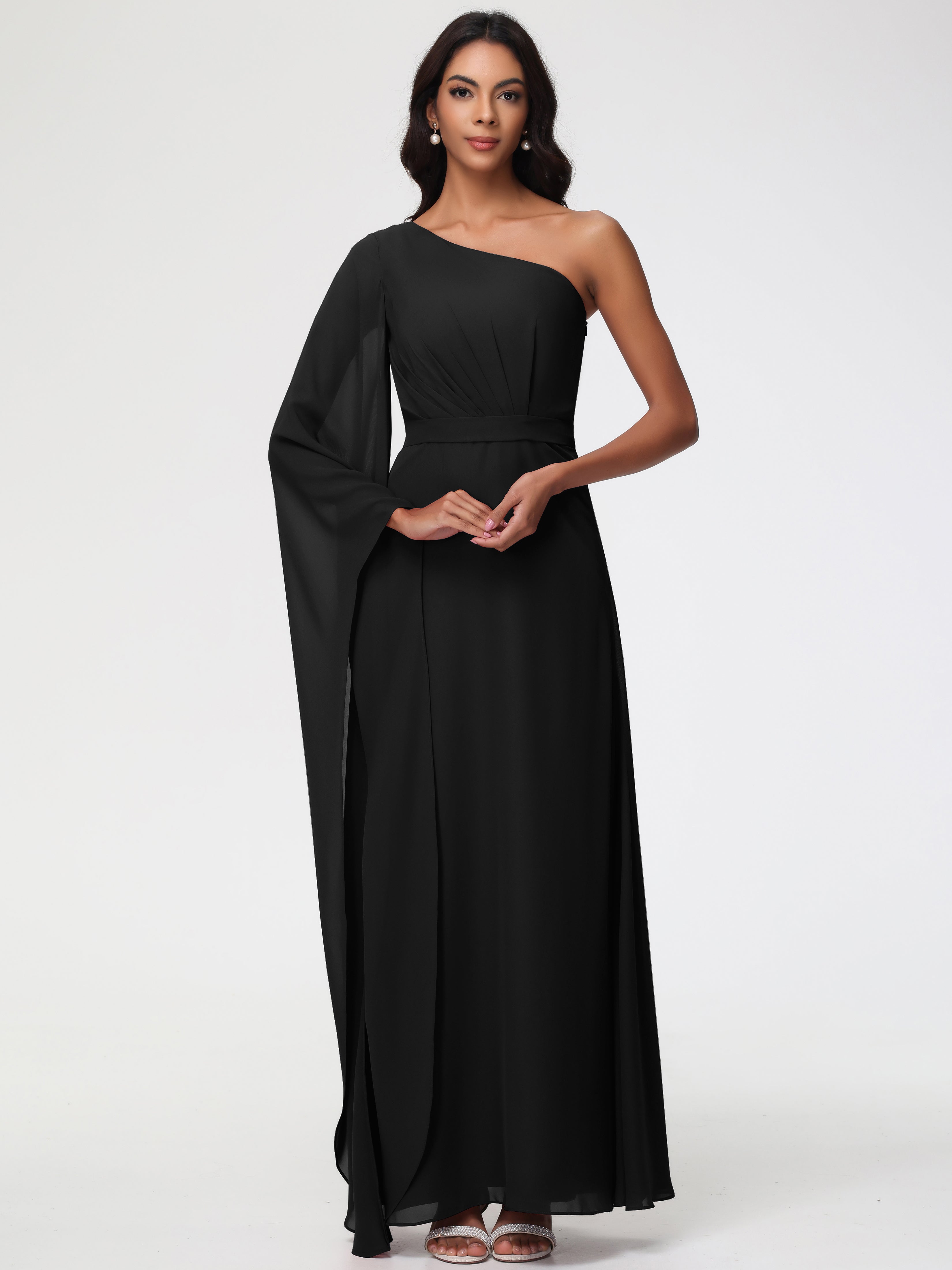 Robe Demoiselle D Honneur Noir Seule-Épaule Manches Asymétriques Mousseline Robe Demoiselle D'Honneur