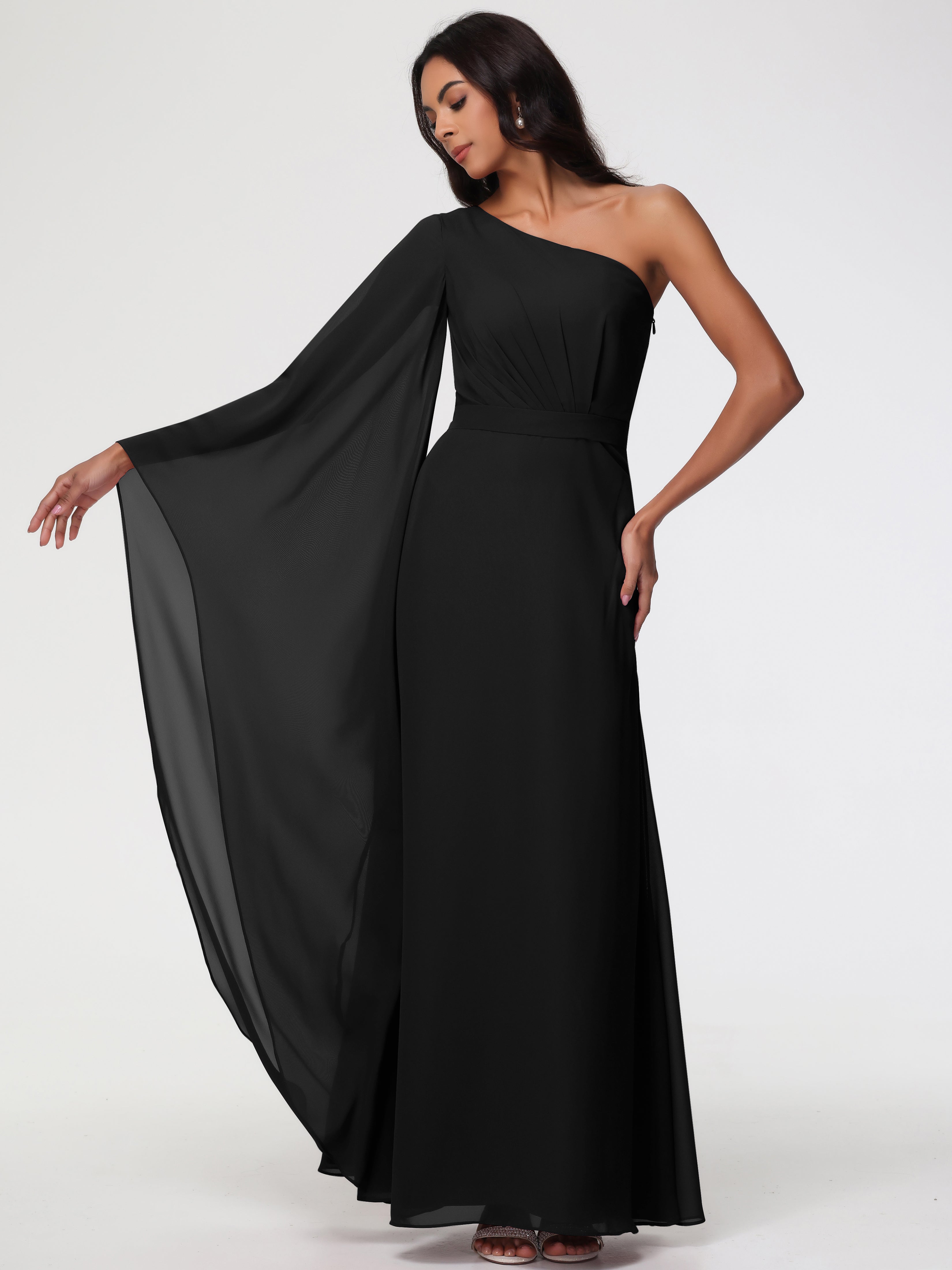 Robe Demoiselle D Honneur Noir Seule-Épaule Manches Asymétriques Mousseline Robe Demoiselle D'Honneur