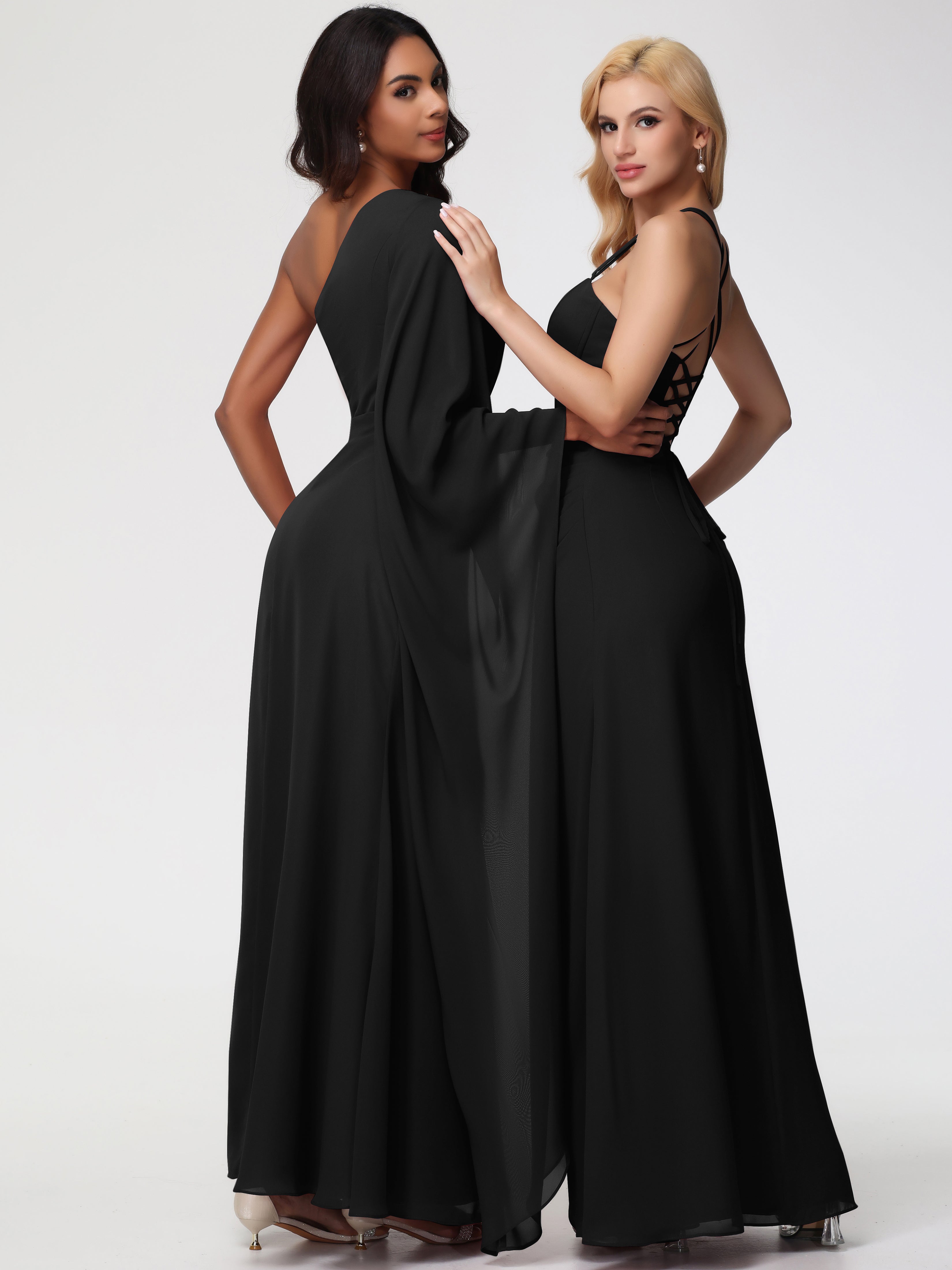 Robe Demoiselle D Honneur Noir Seule-Épaule Manches Asymétriques Mousseline Robe Demoiselle D'Honneur