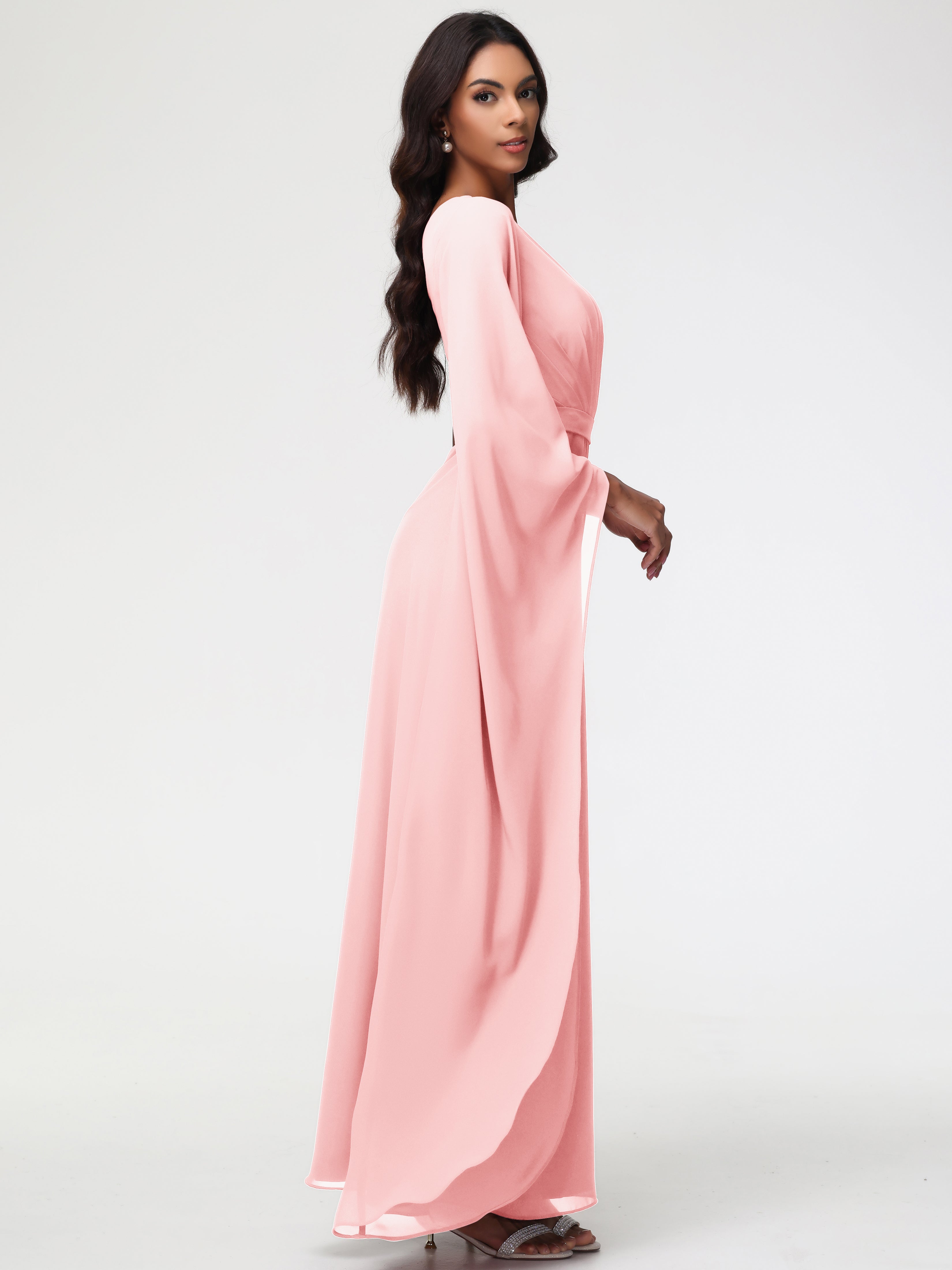 Robe Rose Demoiselle D Honneur Seule-Épaule Manches Asymétriques Mousseline Robe Demoiselle D'Honneur