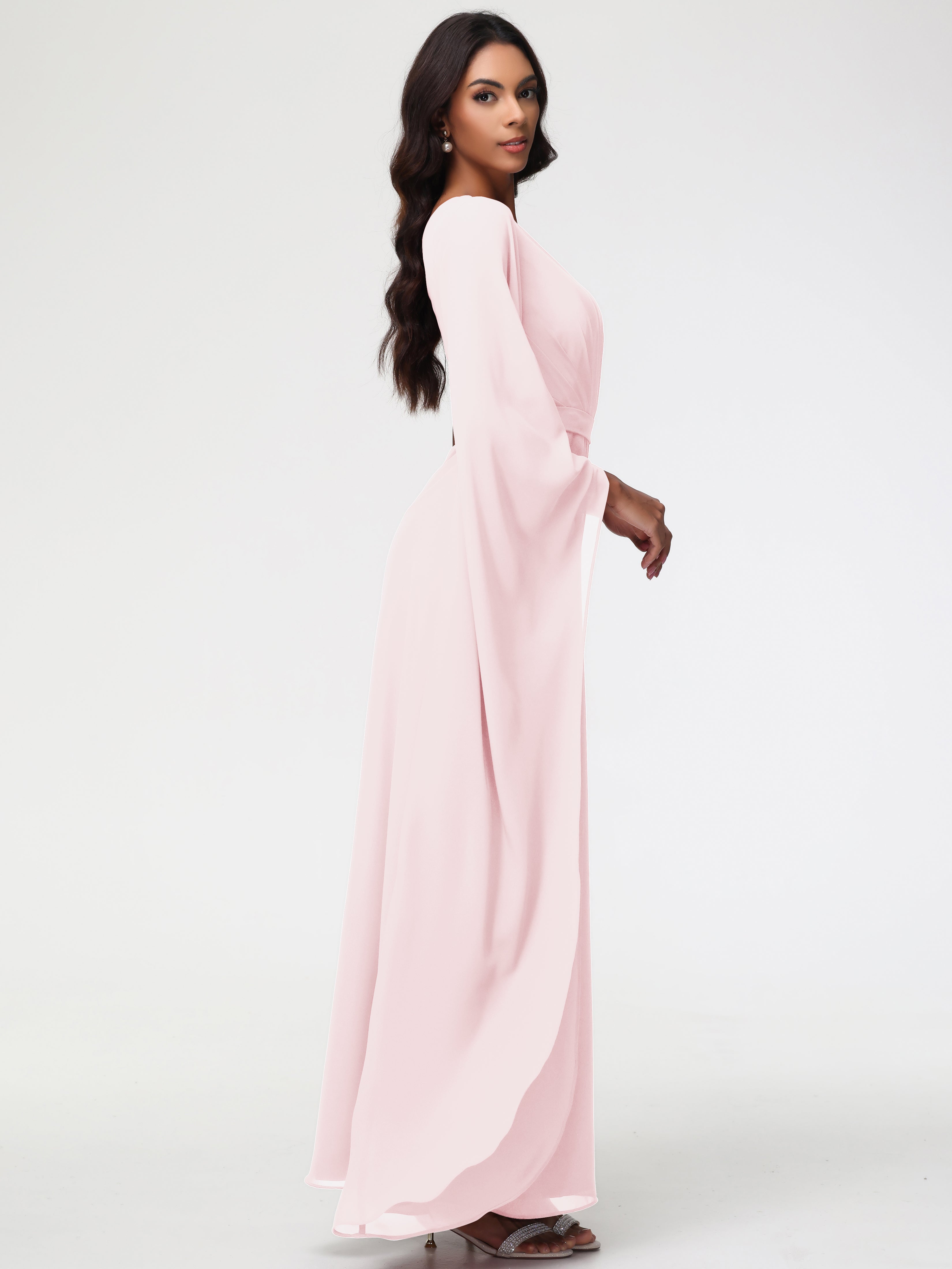 Robe Rose Pale Demoiselle D Honneur Seule-Épaule Manches Asymétriques Mousseline Robe Demoiselle D'Honneur