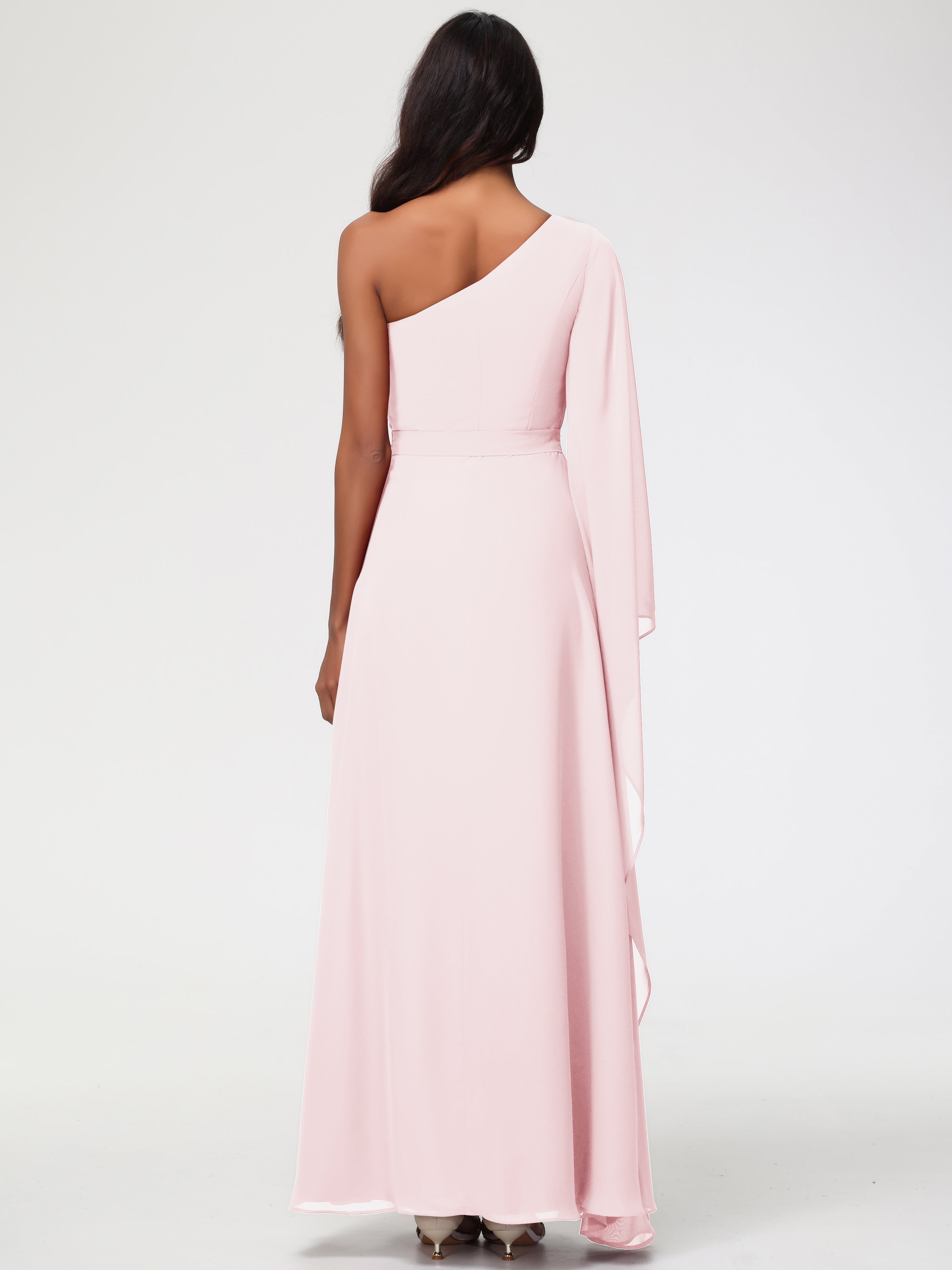 Robe Rose Pale Demoiselle D Honneur Seule-Épaule Manches Asymétriques Mousseline Robe Demoiselle D'Honneur