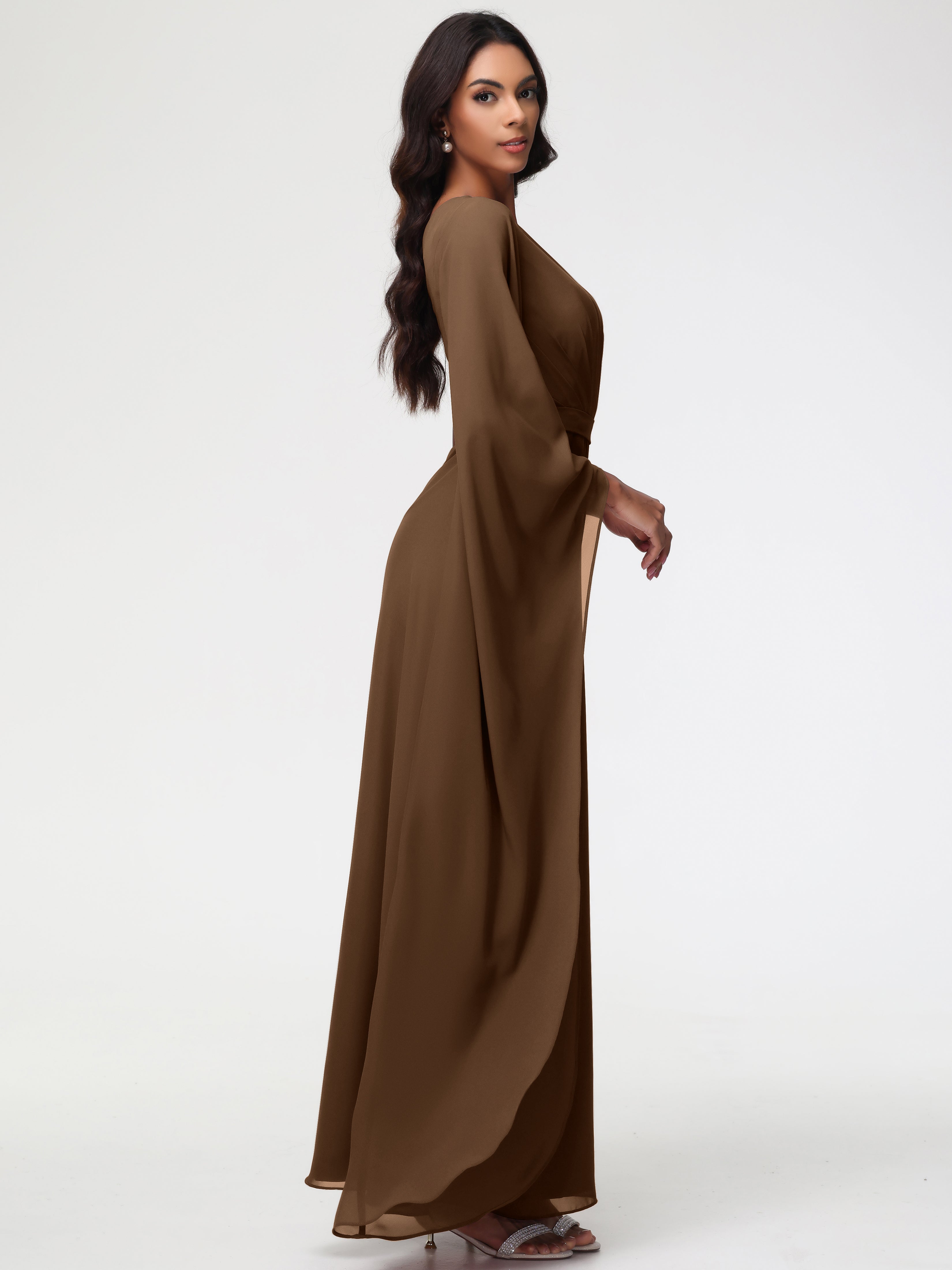 Robe Demoiselle D Honneur Brun Seule-Épaule Manches Asymétriques Mousseline Robe Demoiselle D'Honneur
