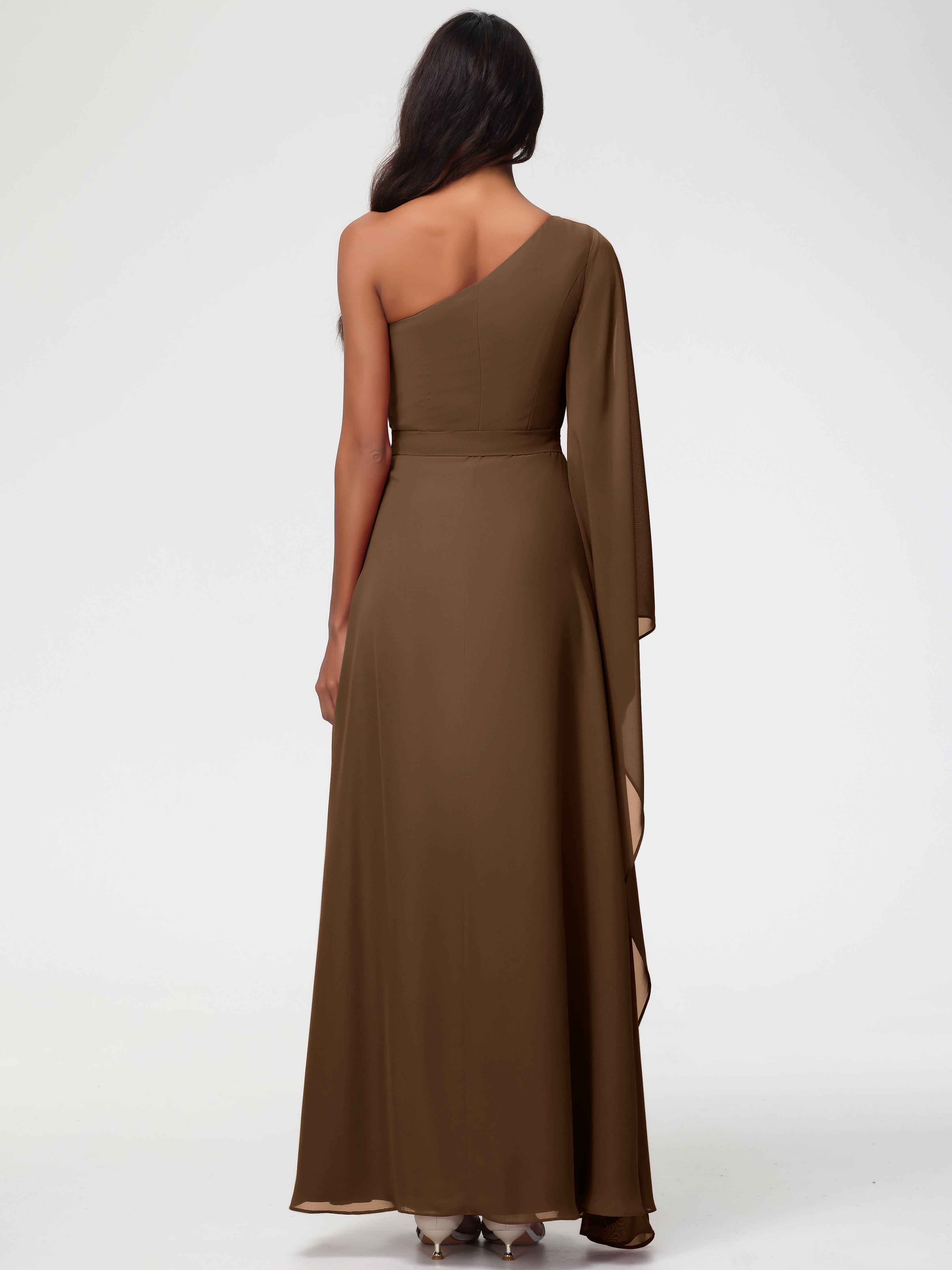 Robe Demoiselle D Honneur Brun Seule-Épaule Manches Asymétriques Mousseline Robe Demoiselle D'Honneur