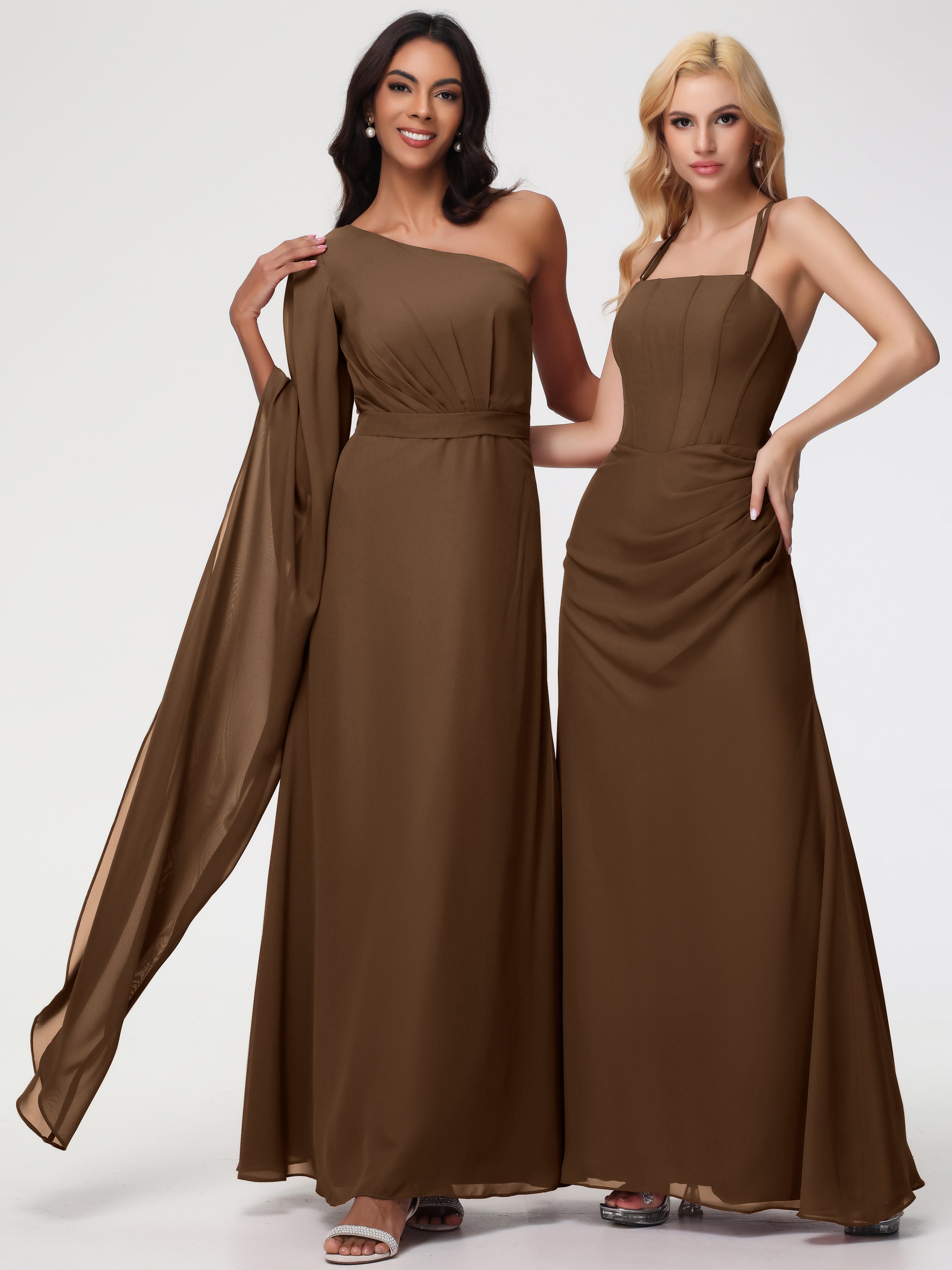 Robe Demoiselle D Honneur Brun Seule-Épaule Manches Asymétriques Mousseline Robe Demoiselle D'Honneur