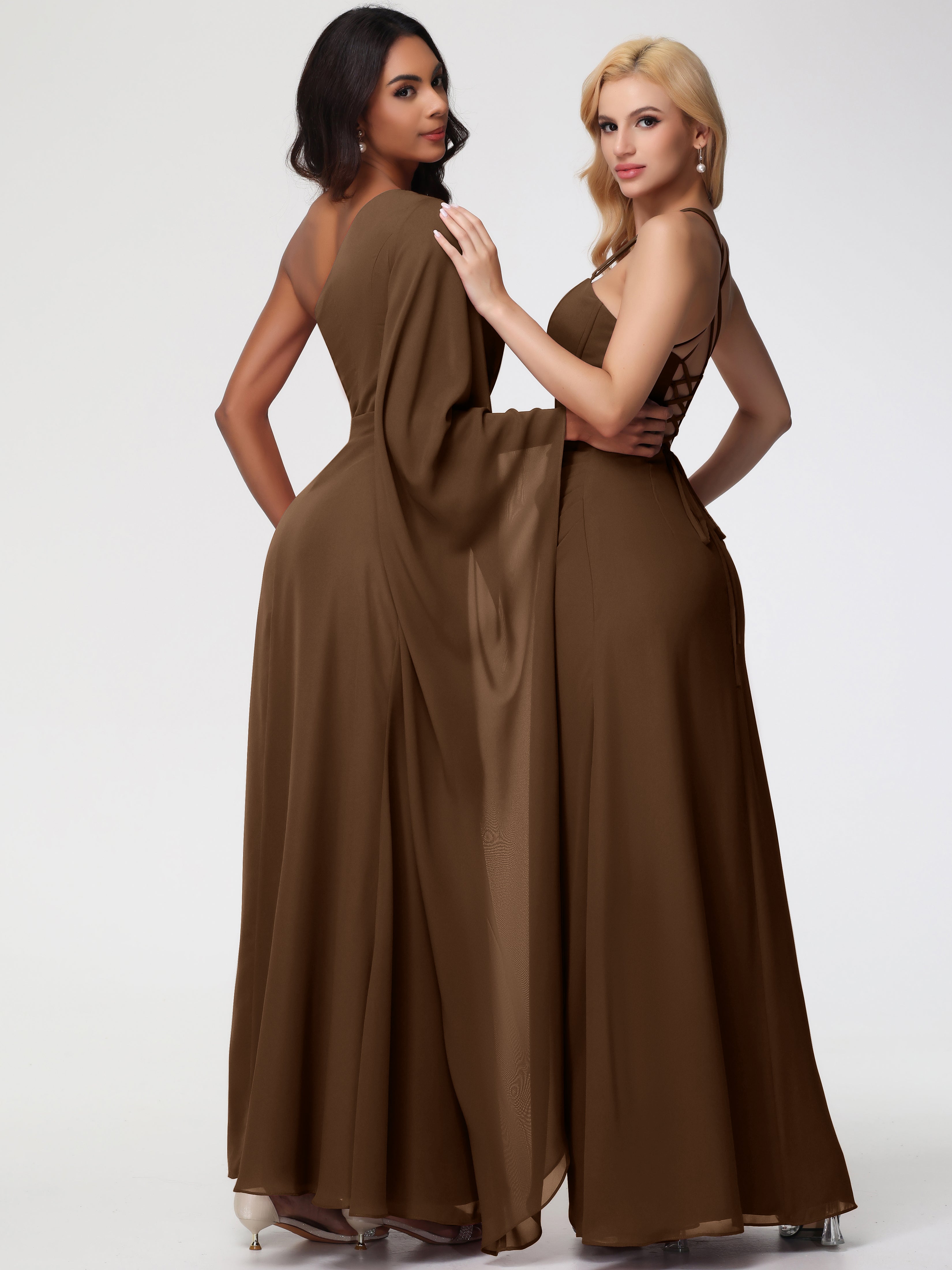 Robe Demoiselle D Honneur Brun Seule-Épaule Manches Asymétriques Mousseline Robe Demoiselle D'Honneur