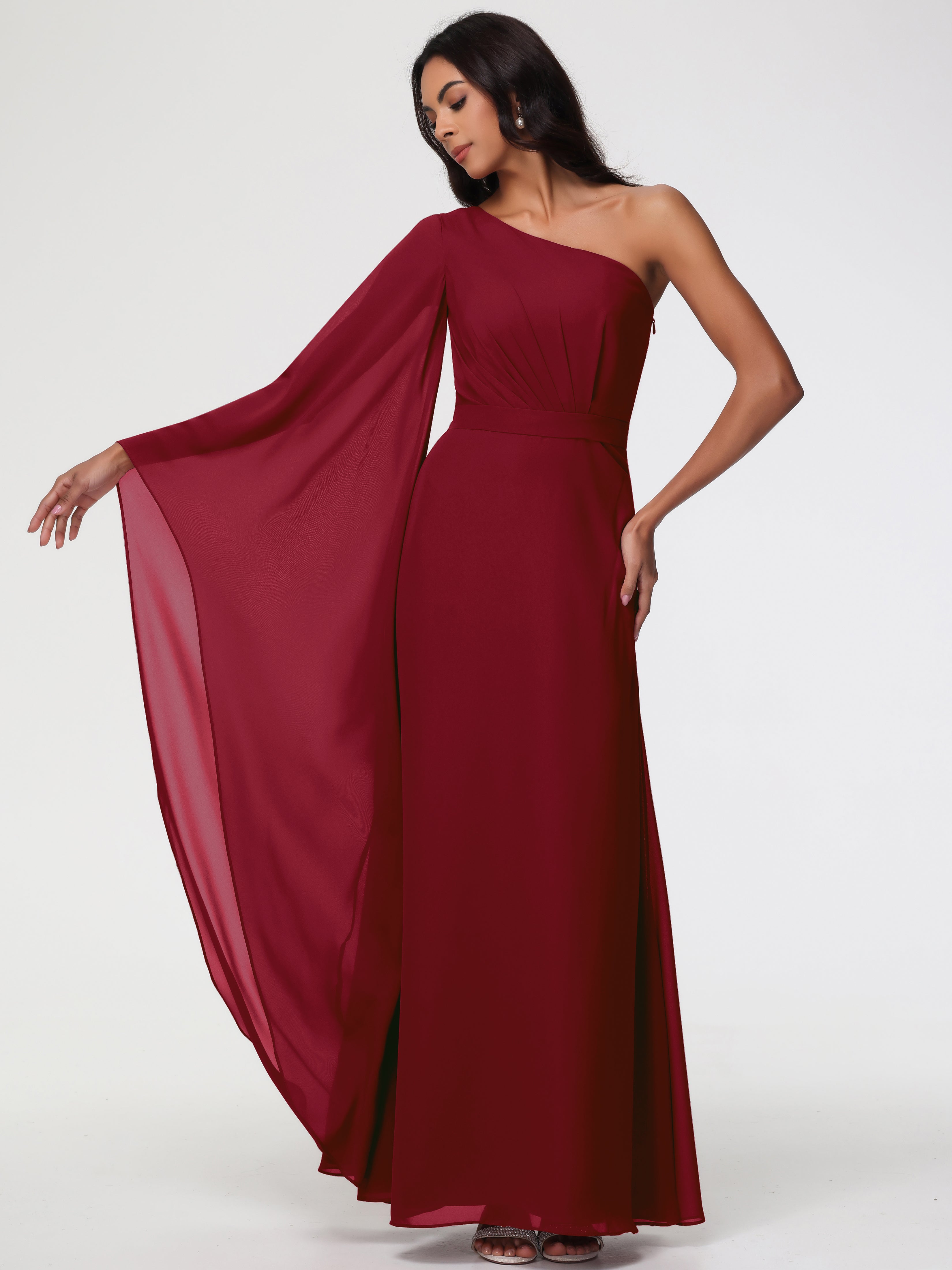 Robe Bordeaux Demoiselle D Honneur Seule-Épaule Manches Asymétriques Mousseline Robe Demoiselle D'Honneur