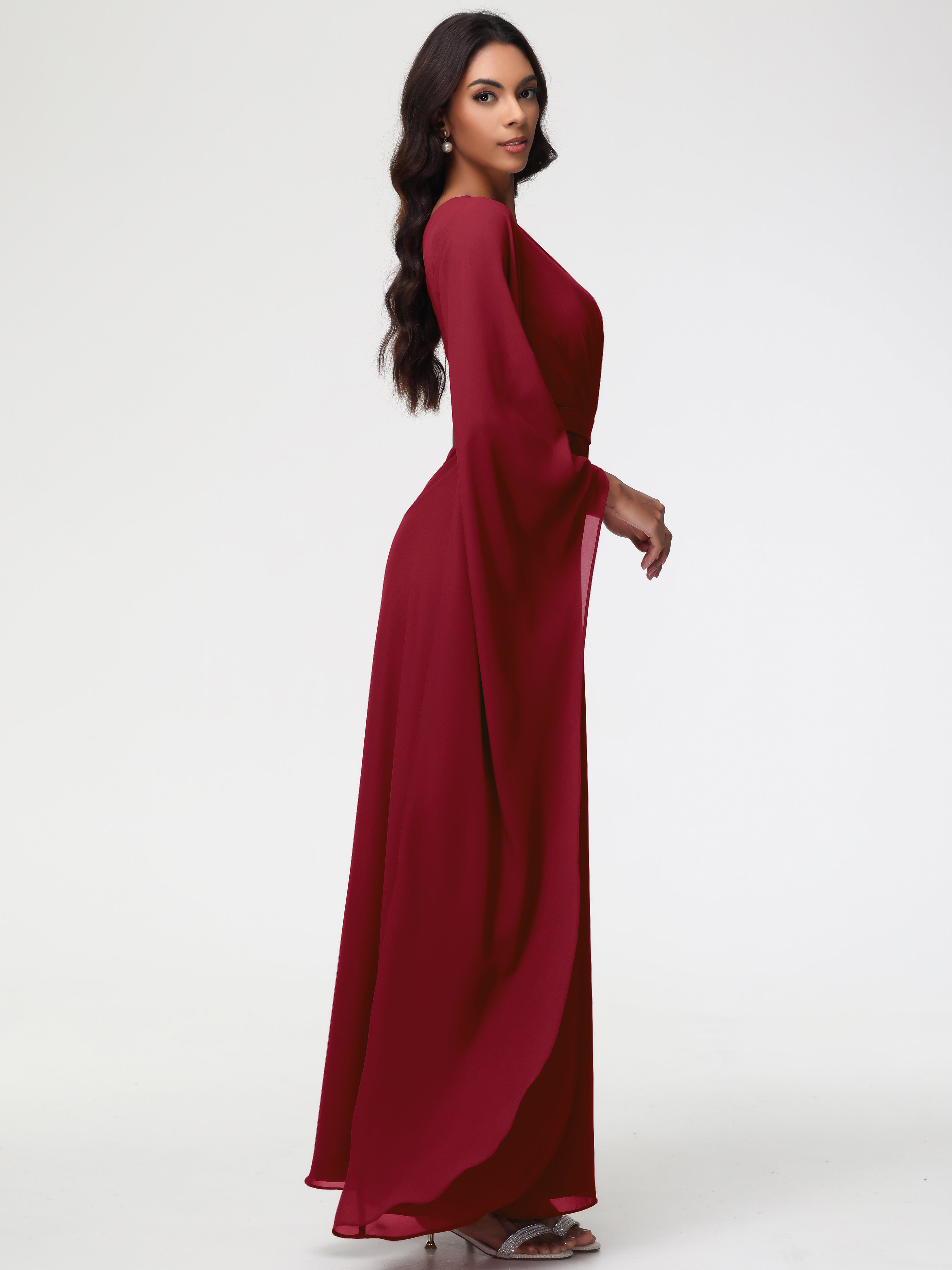 Robe Bordeaux Demoiselle D Honneur Seule-Épaule Manches Asymétriques Mousseline Robe Demoiselle D'Honneur
