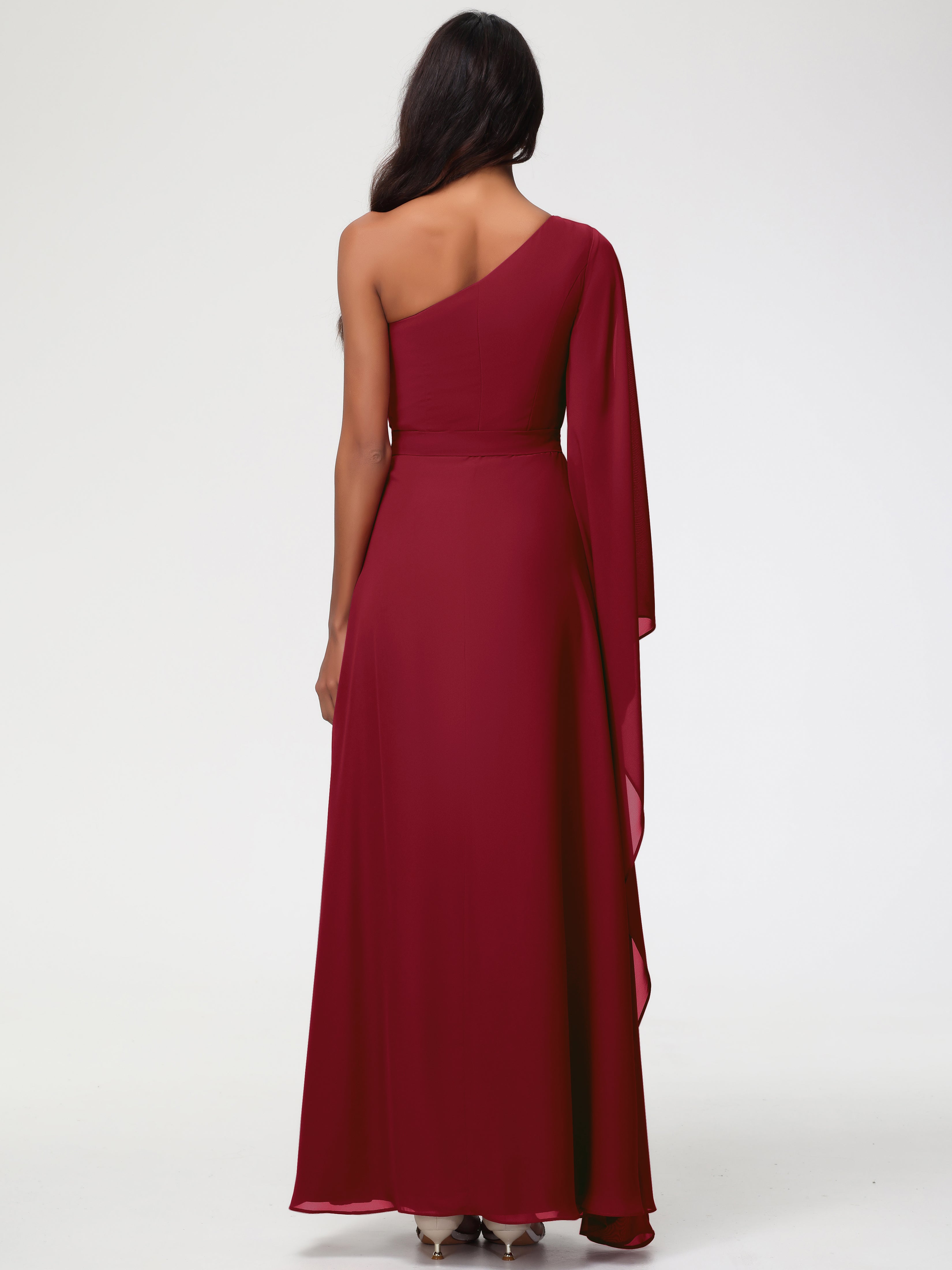 Robe Bordeaux Demoiselle D Honneur Seule-Épaule Manches Asymétriques Mousseline Robe Demoiselle D'Honneur
