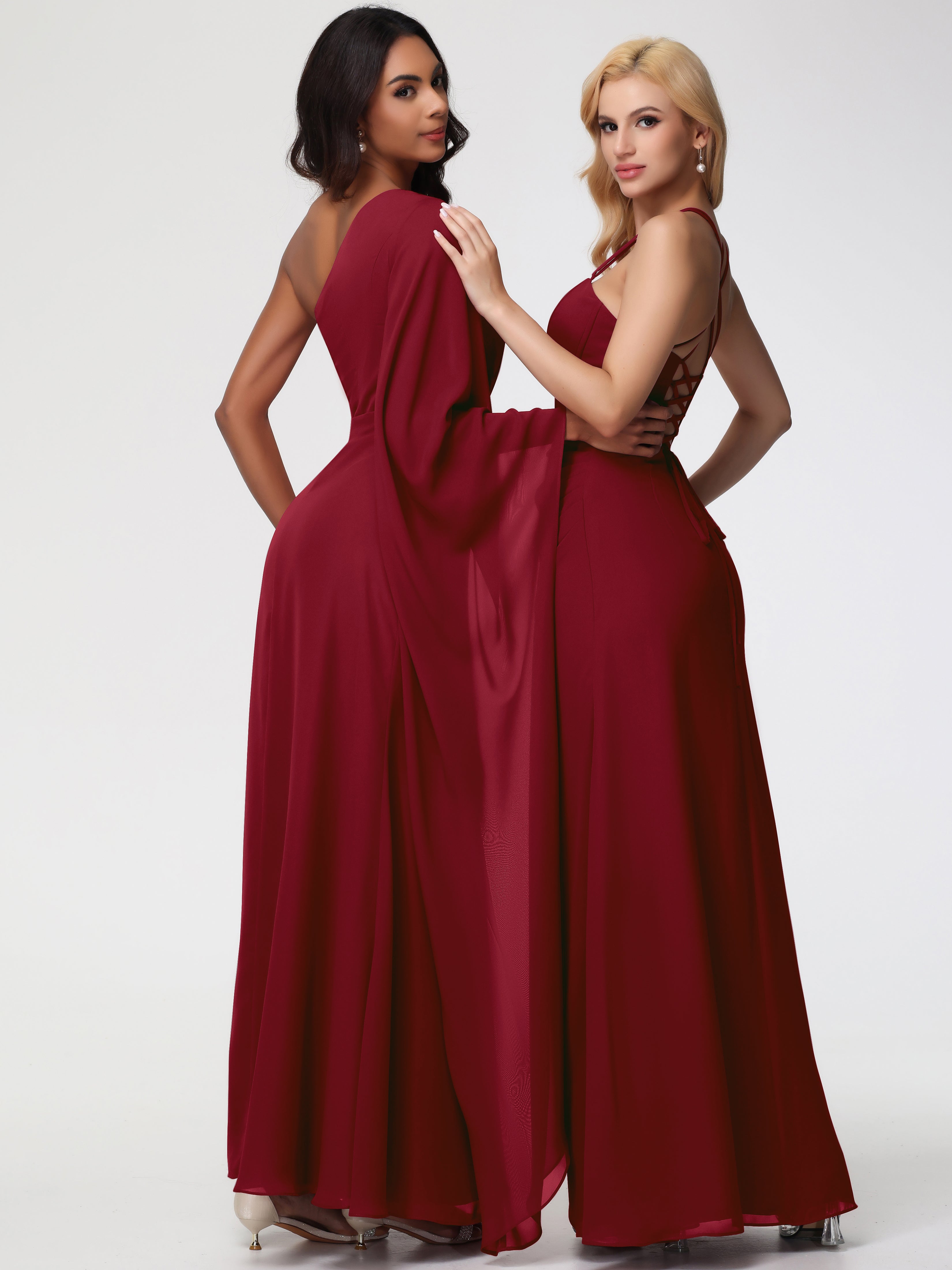 Robe Bordeaux Demoiselle D Honneur Seule-Épaule Manches Asymétriques Mousseline Robe Demoiselle D'Honneur