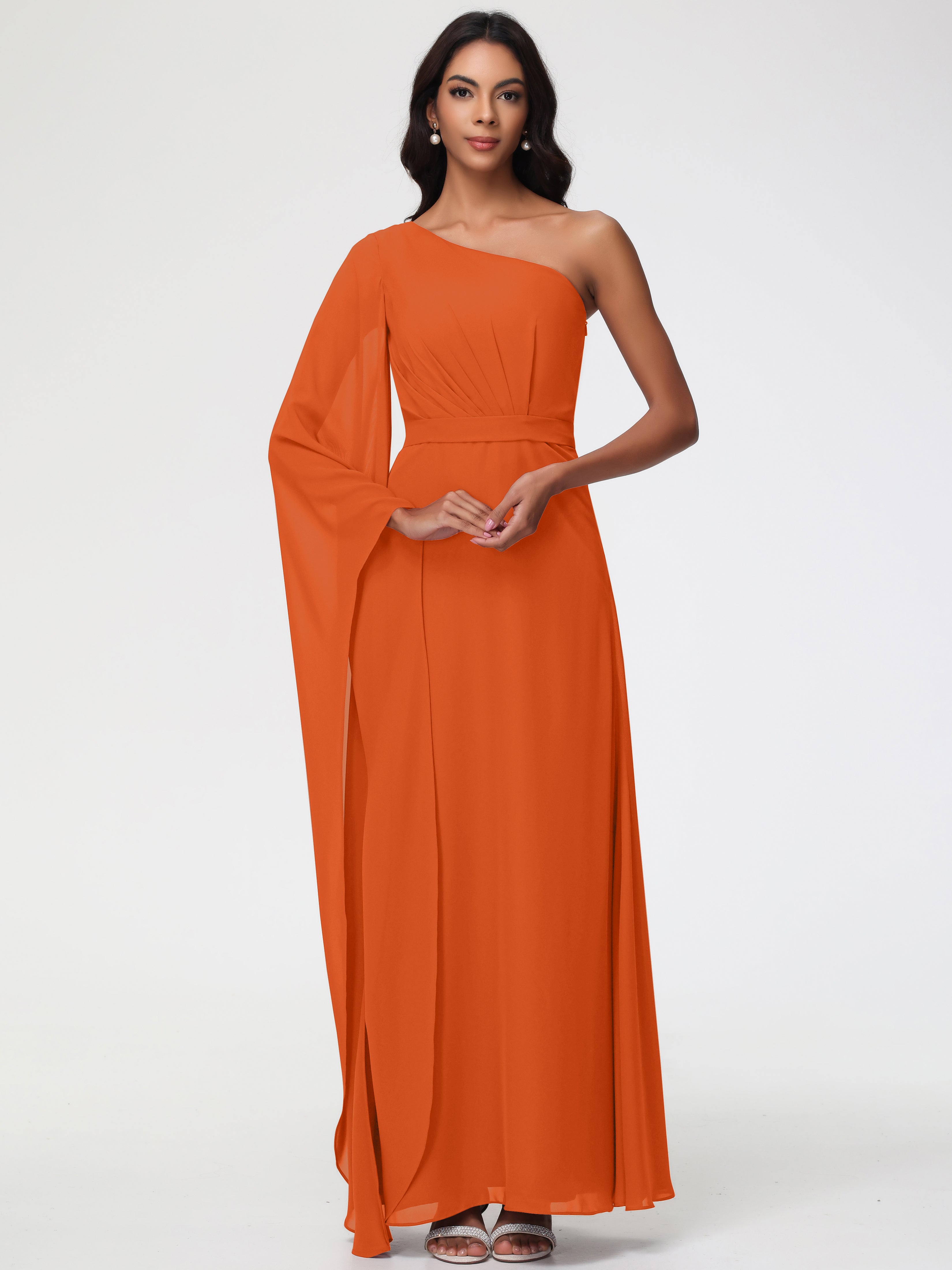 Robes De Demoiselle D'Honneur Orange Foncé Seule-Épaule Manches Asymétriques Mousseline Robe Demoiselle D'Honneur