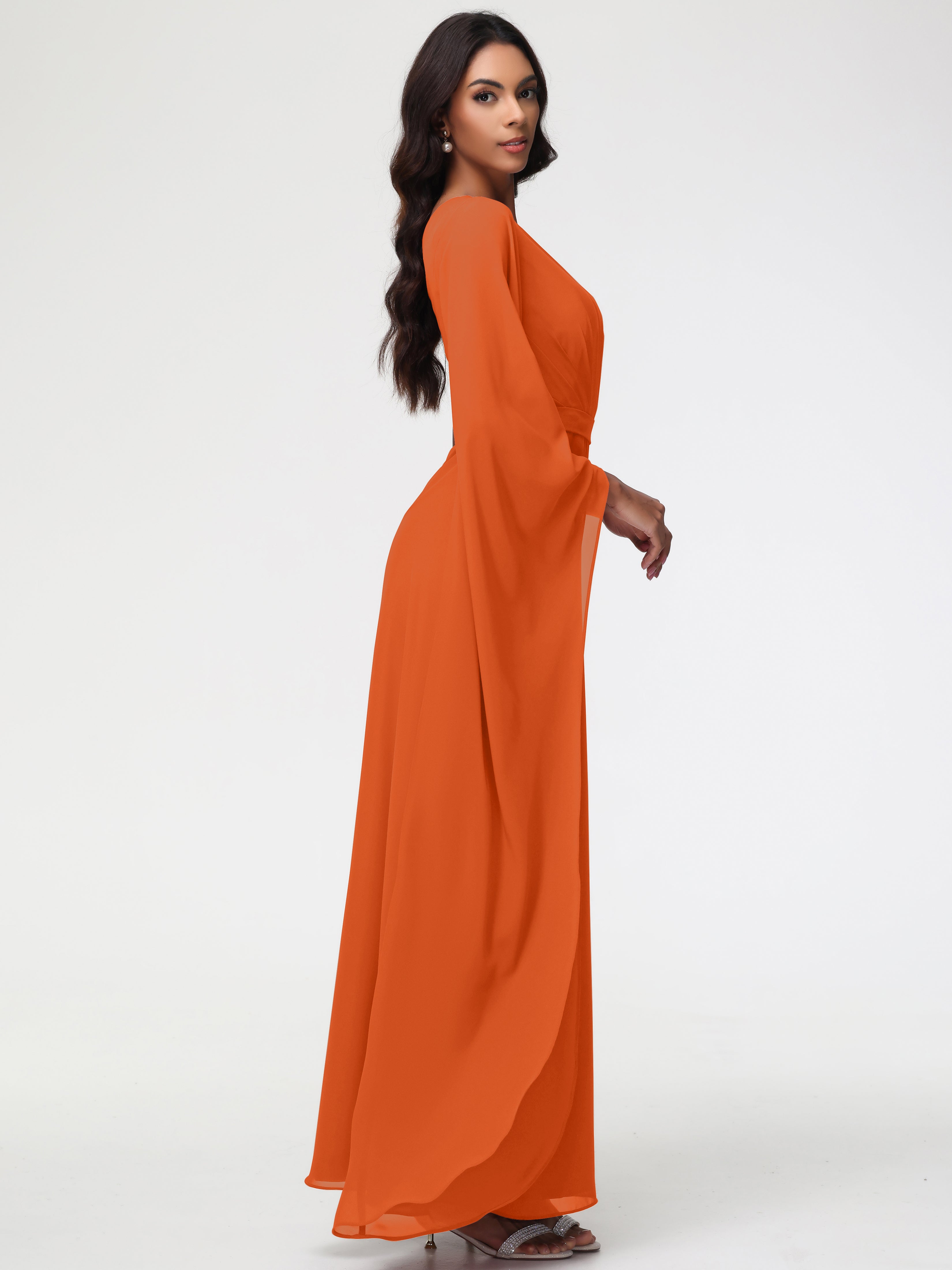 Robes De Demoiselle D'Honneur Orange Foncé Seule-Épaule Manches Asymétriques Mousseline Robe Demoiselle D'Honneur