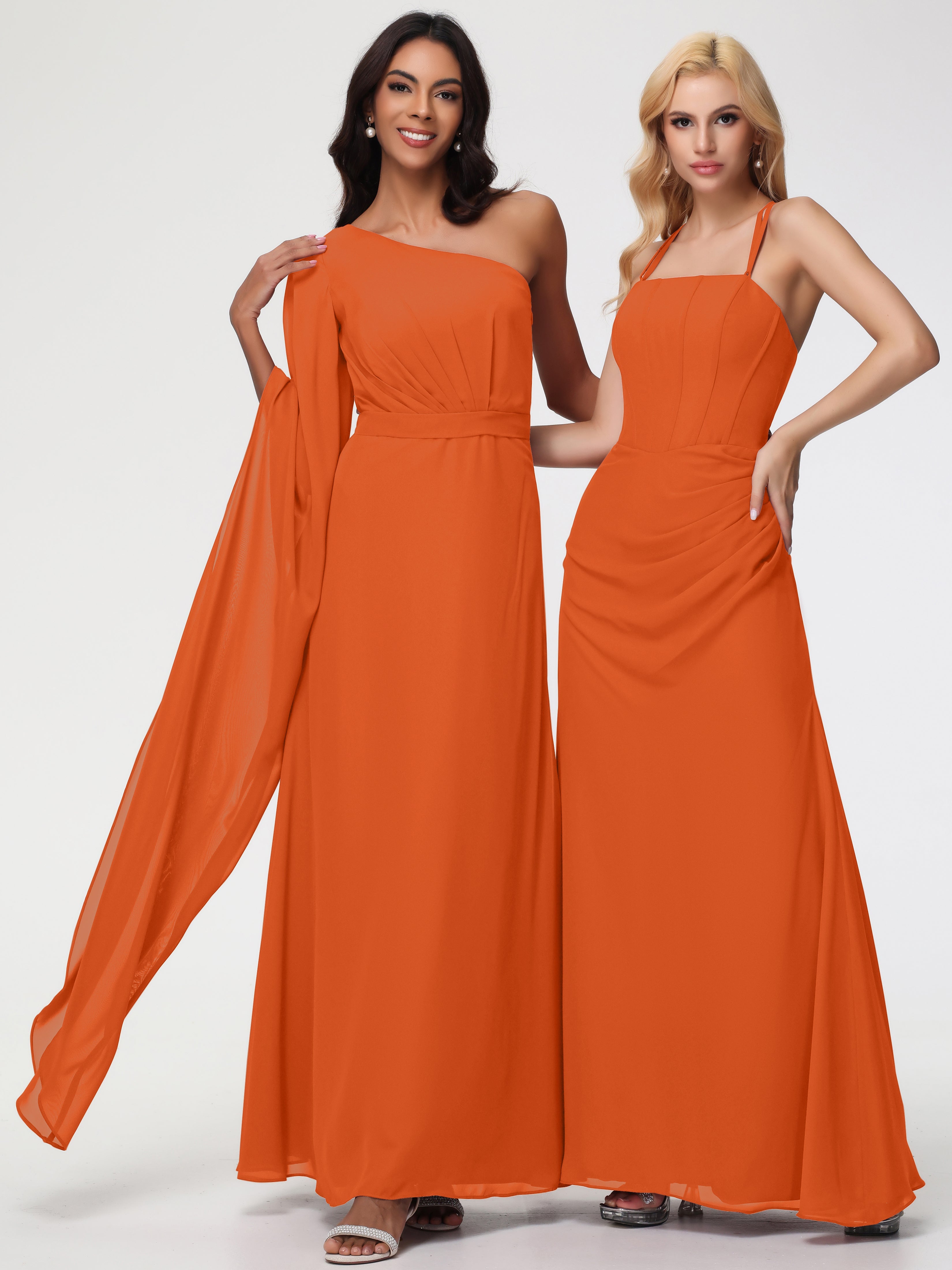 Robes De Demoiselle D'Honneur Orange Foncé Seule-Épaule Manches Asymétriques Mousseline Robe Demoiselle D'Honneur