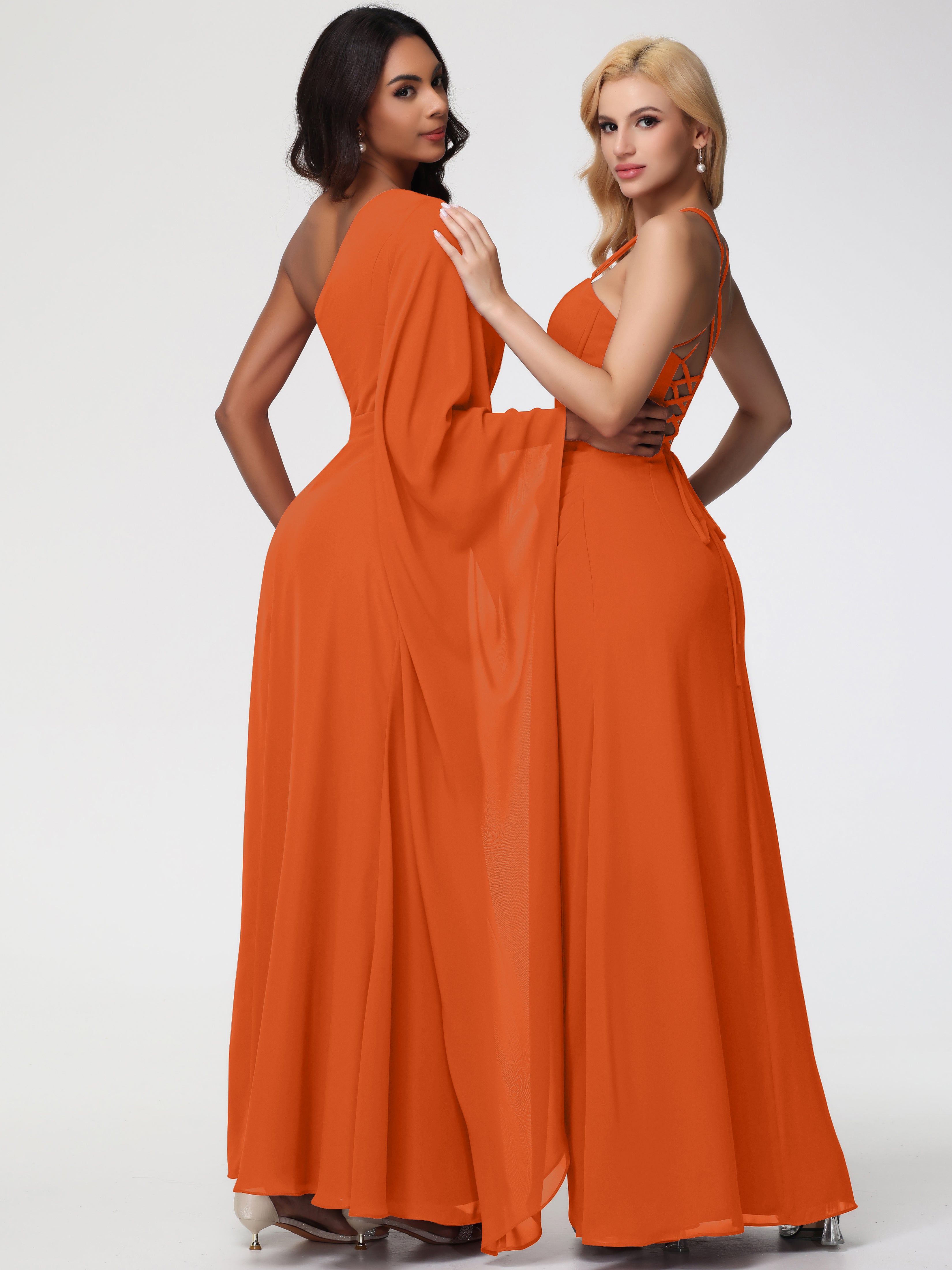 Robes De Demoiselle D'Honneur Orange Foncé Seule-Épaule Manches Asymétriques Mousseline Robe Demoiselle D'Honneur