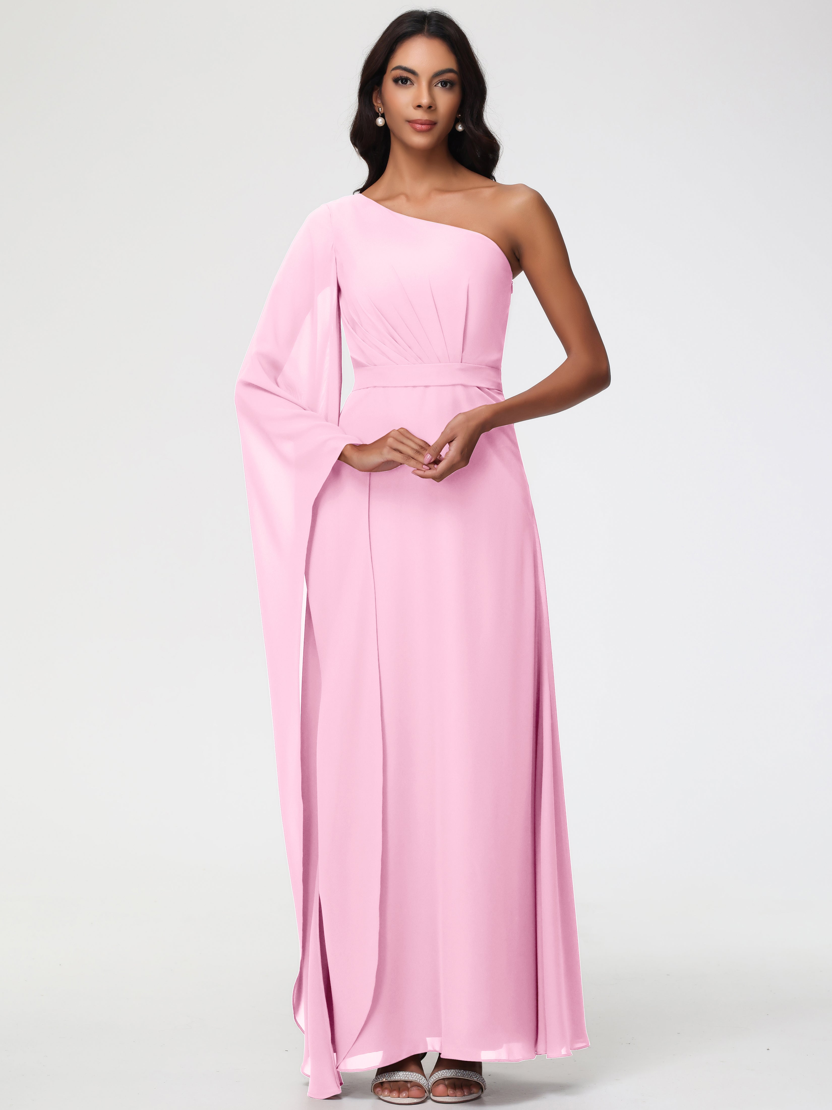 Robes De Demoiselle D'Honneur Rose Bonbon Seule-Épaule Manches Asymétriques Mousseline Robe Demoiselle D'Honneur