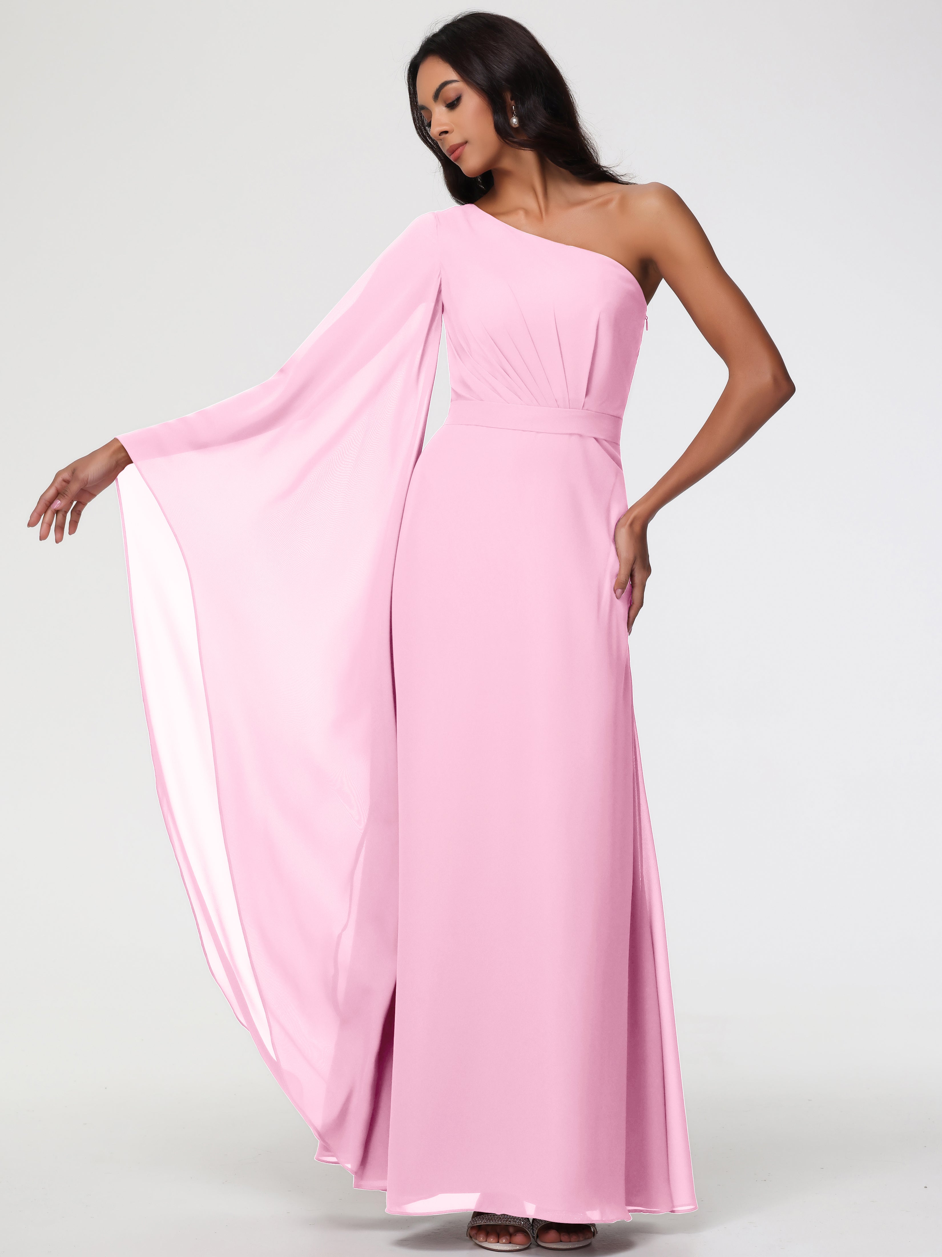 Robes De Demoiselle D'Honneur Rose Bonbon Seule-Épaule Manches Asymétriques Mousseline Robe Demoiselle D'Honneur