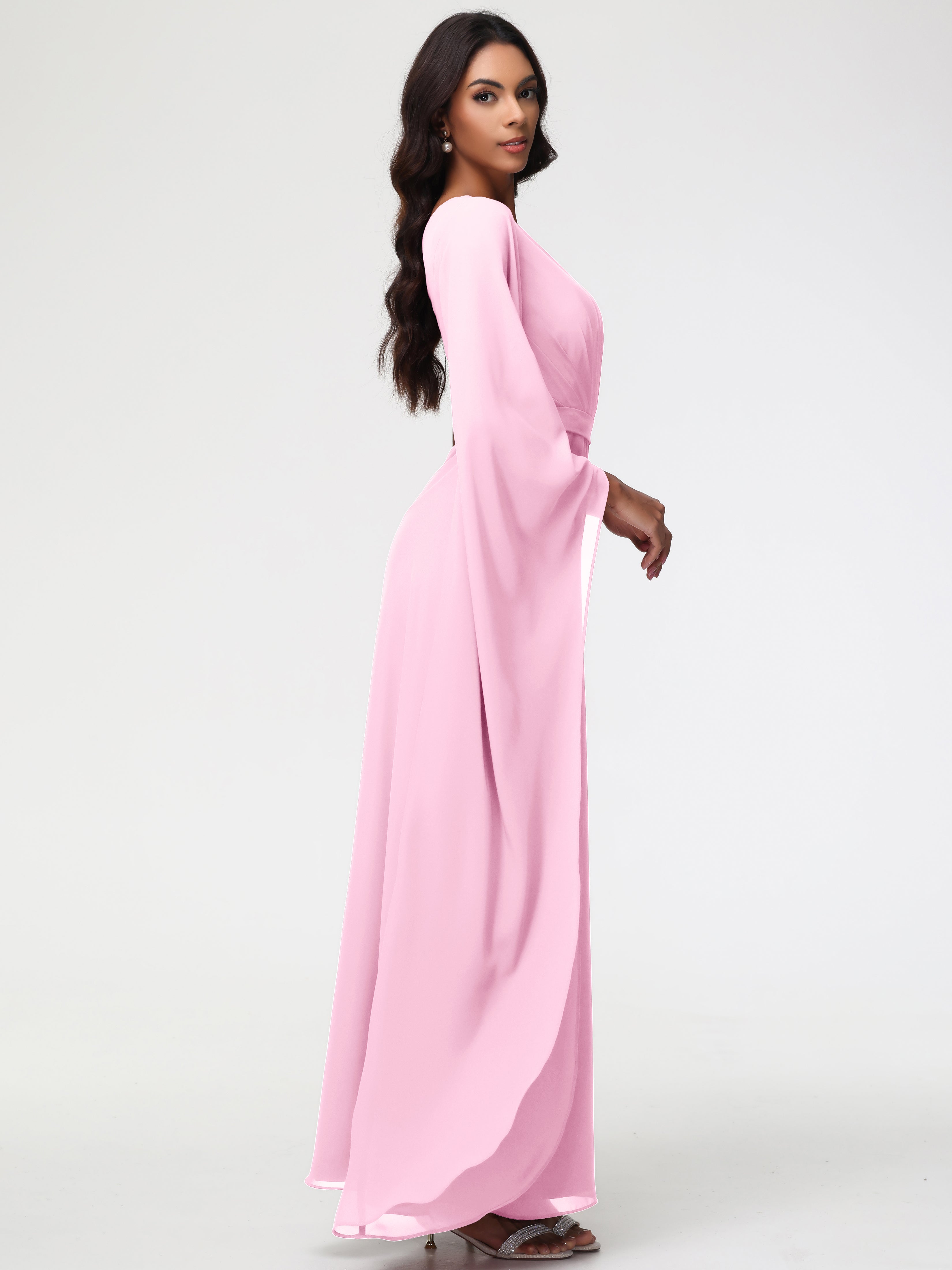 Robes De Demoiselle D'Honneur Rose Bonbon Seule-Épaule Manches Asymétriques Mousseline Robe Demoiselle D'Honneur
