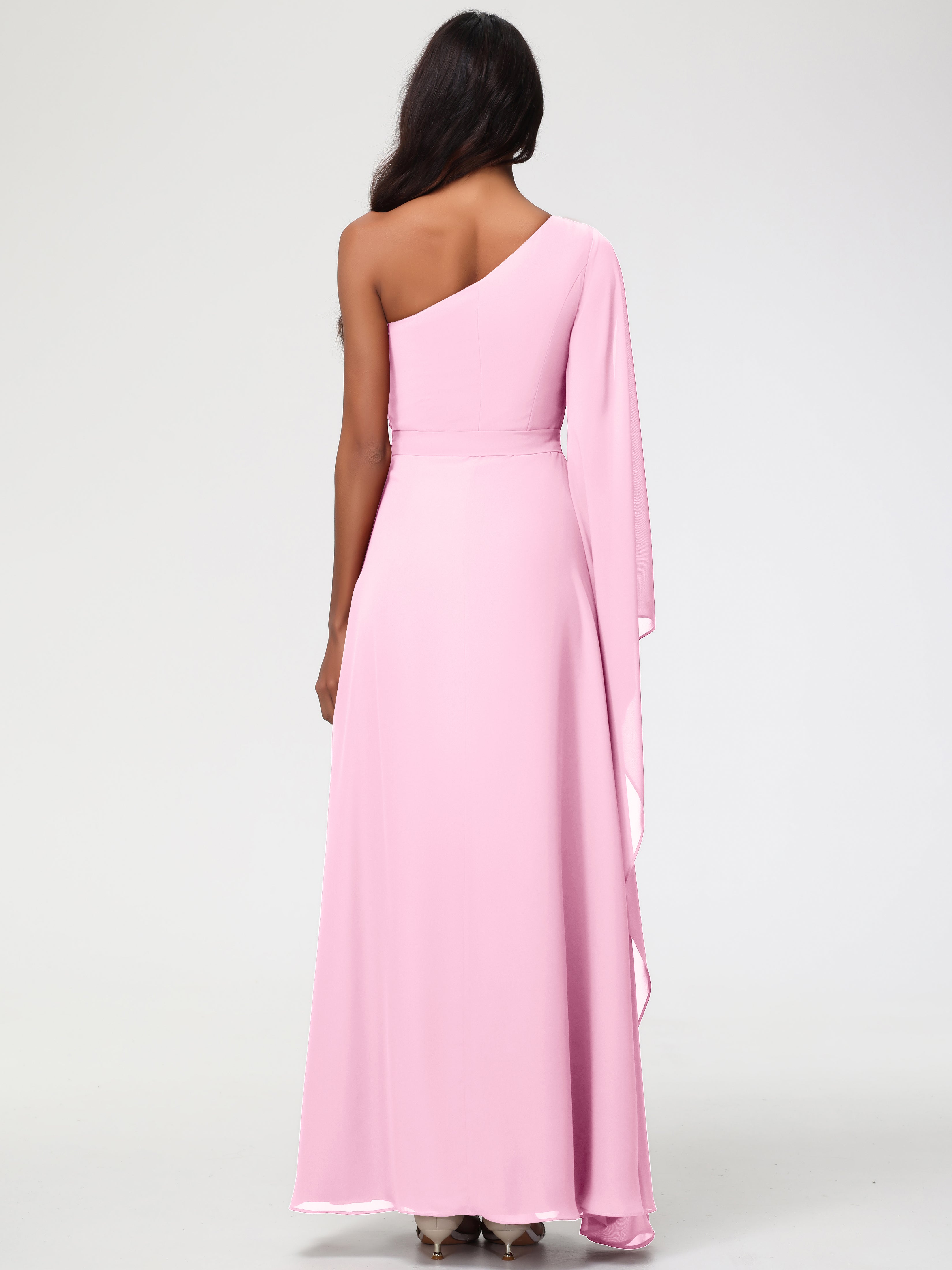 Robes De Demoiselle D'Honneur Rose Bonbon Seule-Épaule Manches Asymétriques Mousseline Robe Demoiselle D'Honneur