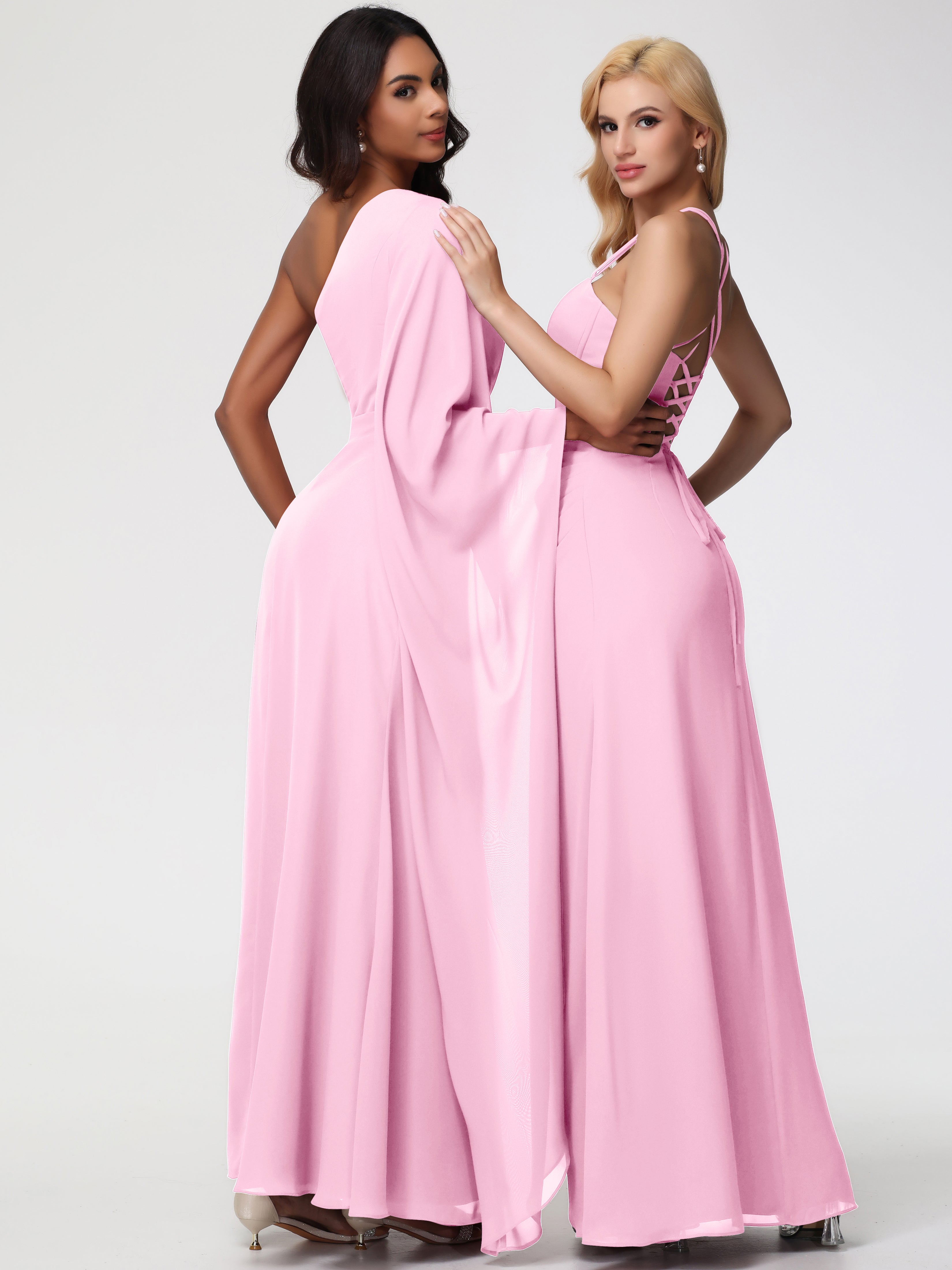 Robes De Demoiselle D'Honneur Rose Bonbon Seule-Épaule Manches Asymétriques Mousseline Robe Demoiselle D'Honneur