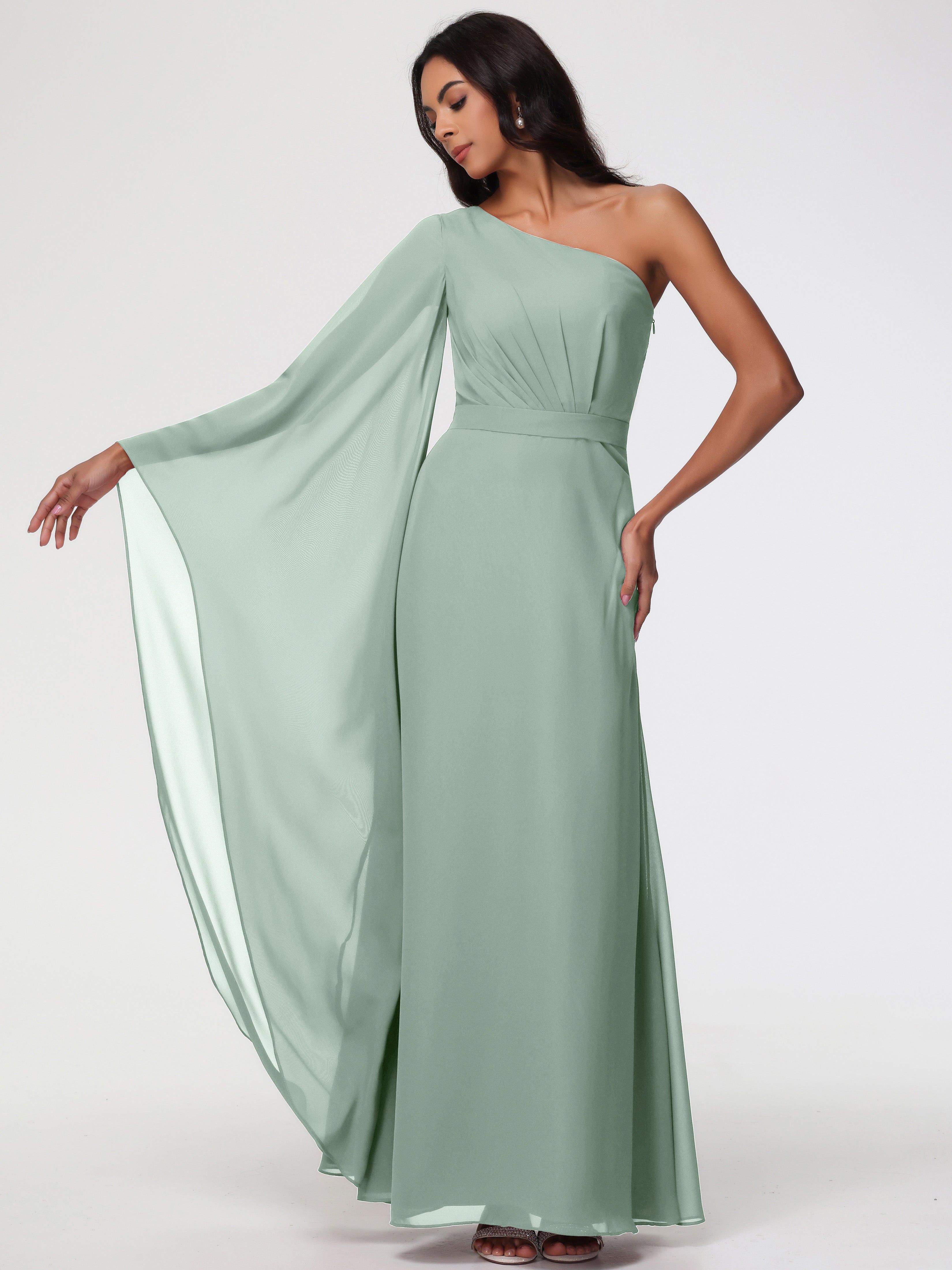 Robe Demoiselle D Honneur Celadon Seule-Épaule Manches Asymétriques Mousseline Robe Demoiselle D'Honneur