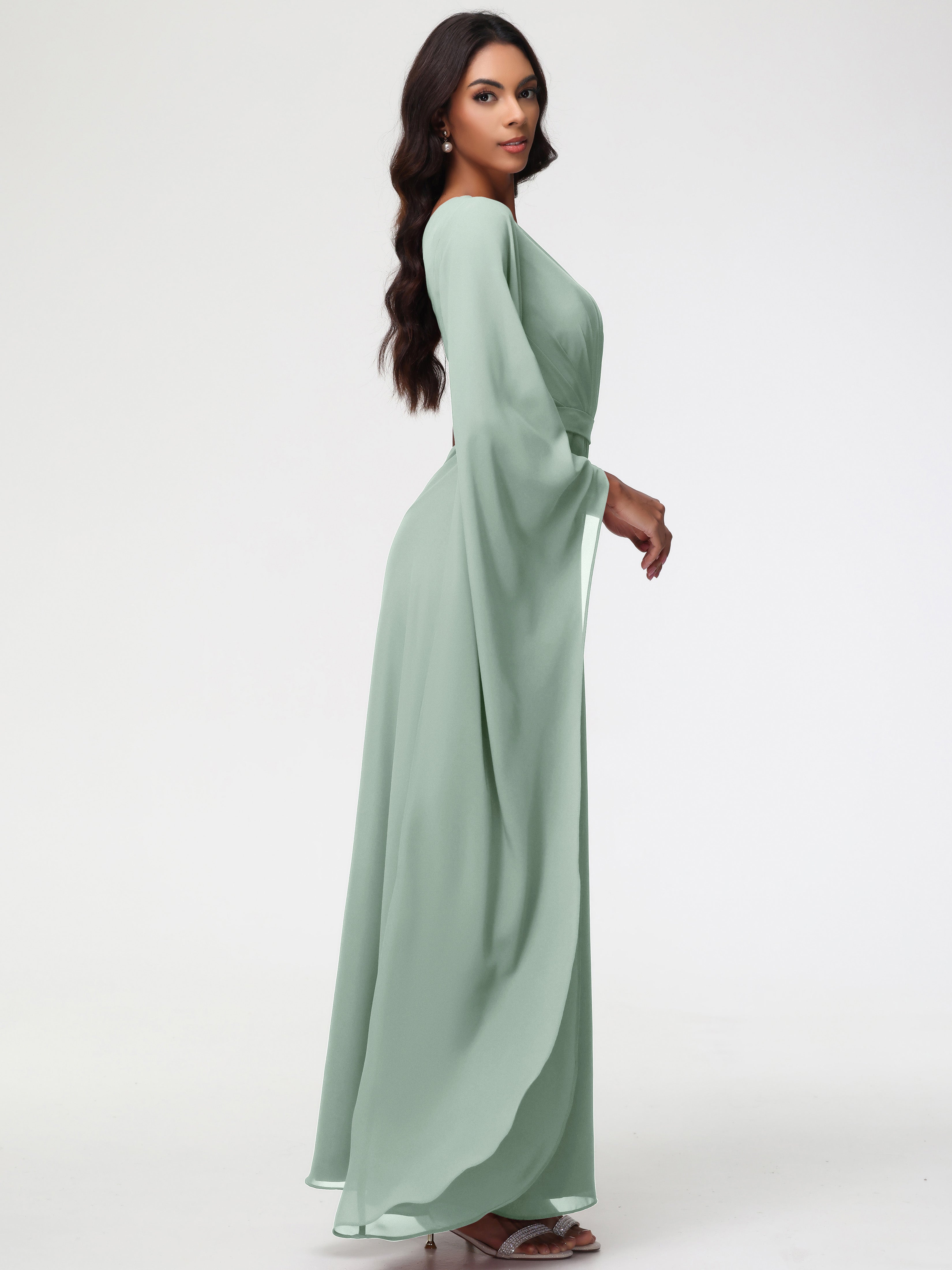 Robe Demoiselle D Honneur Celadon Seule-Épaule Manches Asymétriques Mousseline Robe Demoiselle D'Honneur