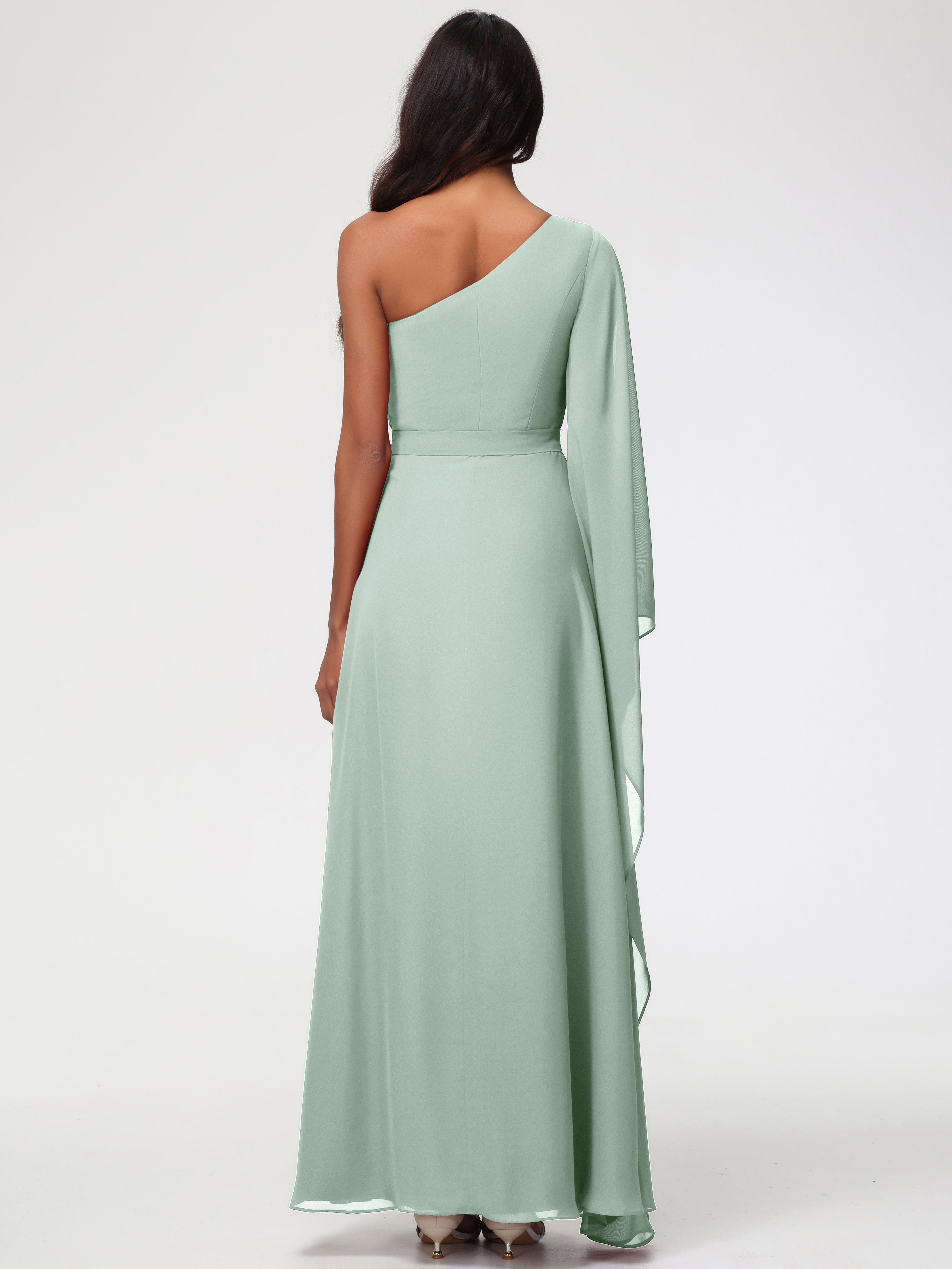 Robe Demoiselle D Honneur Celadon Seule-Épaule Manches Asymétriques Mousseline Robe Demoiselle D'Honneur