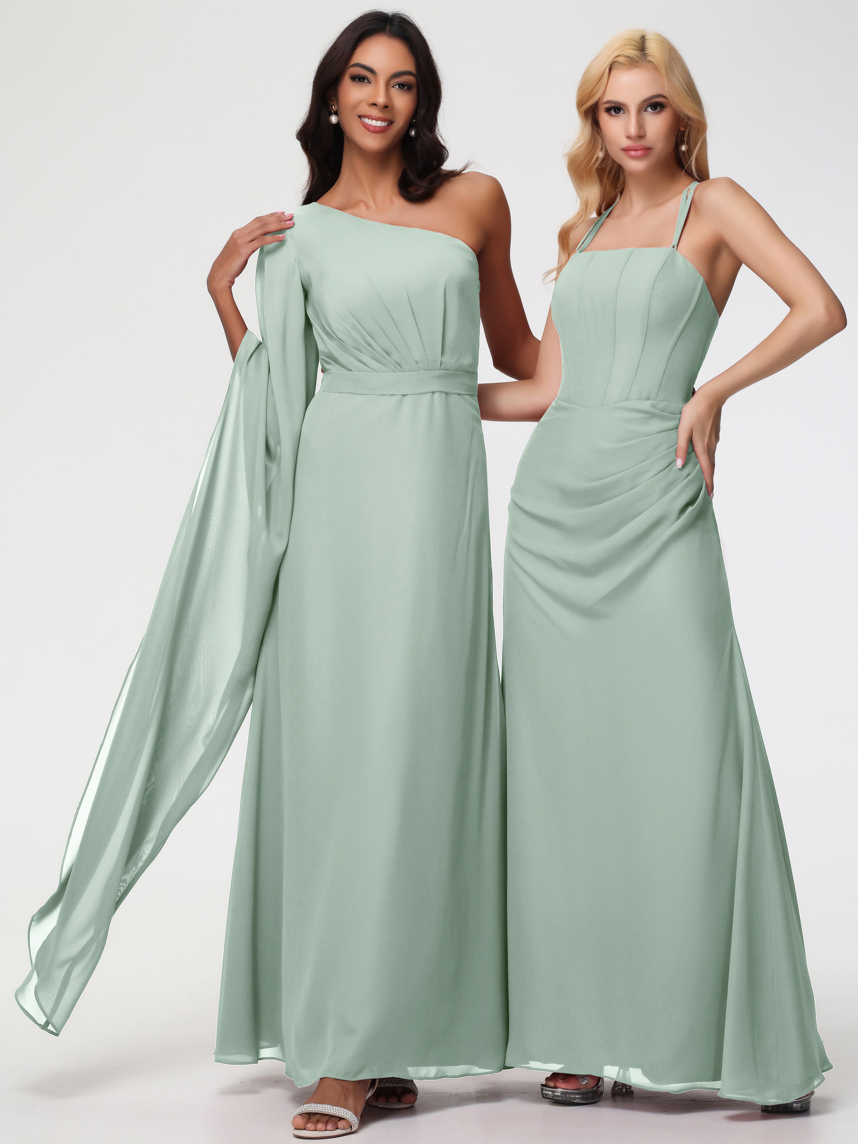 Robe Demoiselle D Honneur Celadon Seule-Épaule Manches Asymétriques Mousseline Robe Demoiselle D'Honneur