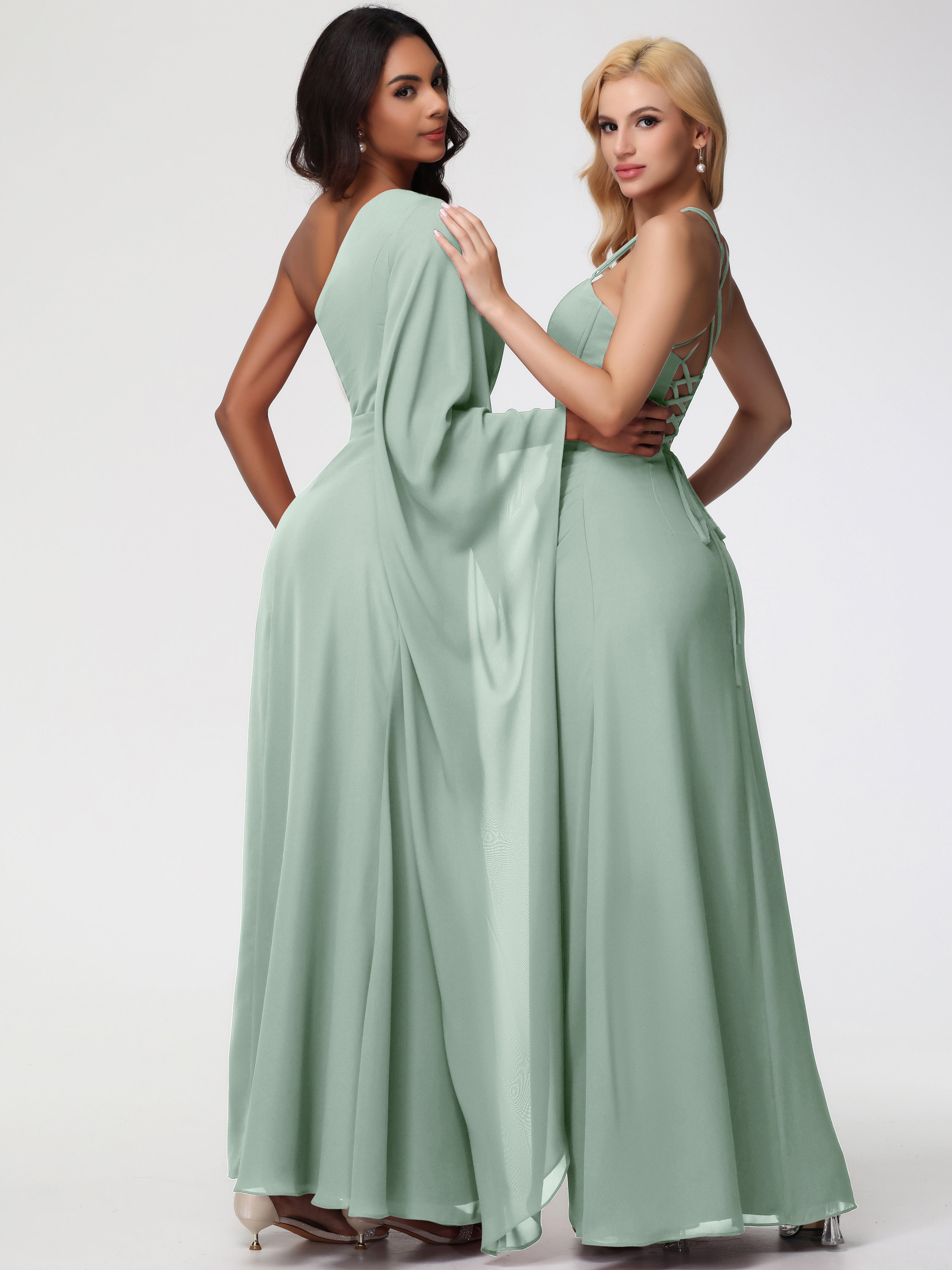 Robe Demoiselle D Honneur Celadon Seule-Épaule Manches Asymétriques Mousseline Robe Demoiselle D'Honneur