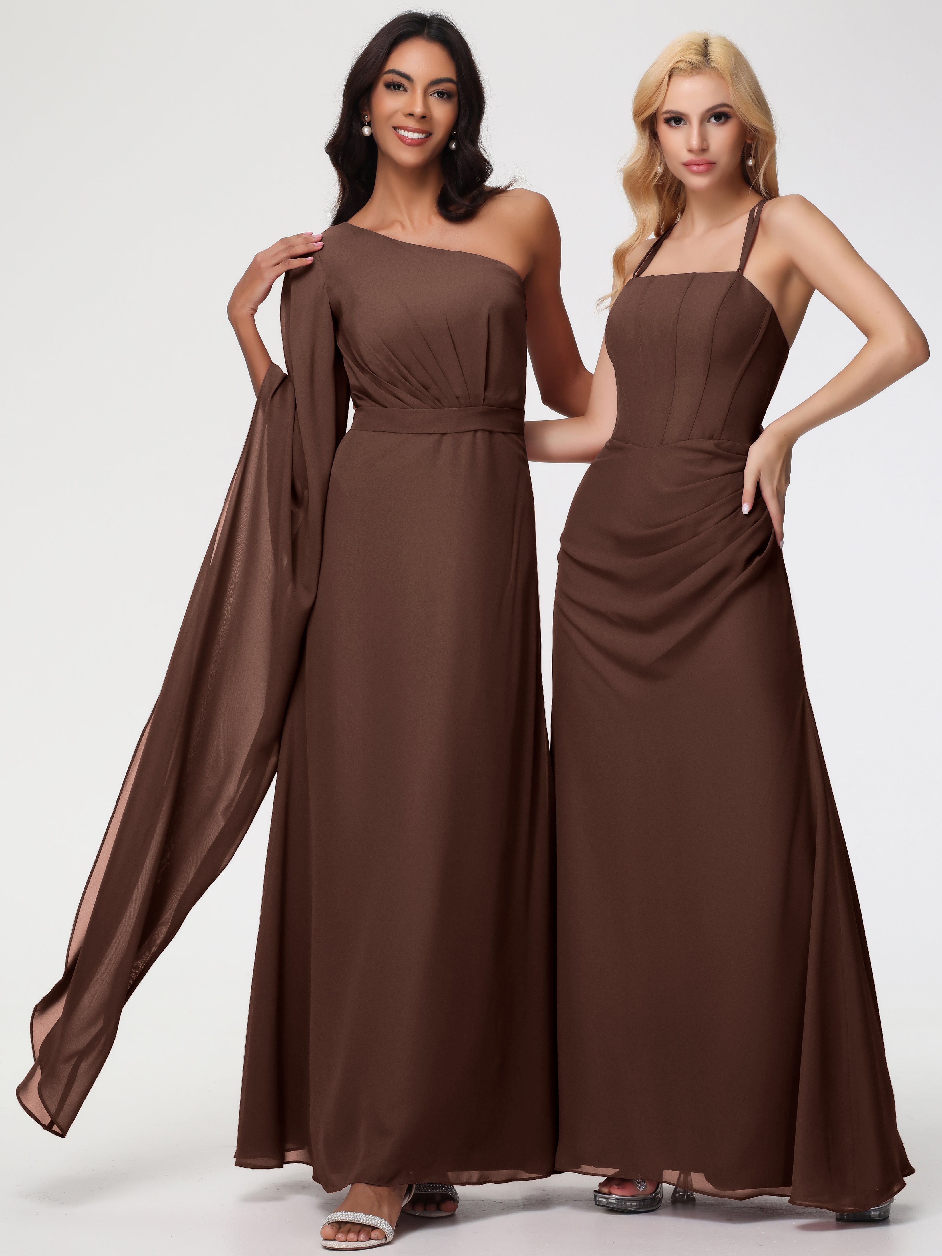 Robe Demoiselle D Honneur Marron Chocolat Seule-Épaule Manches Asymétriques Mousseline Robe Demoiselle D'Honneur