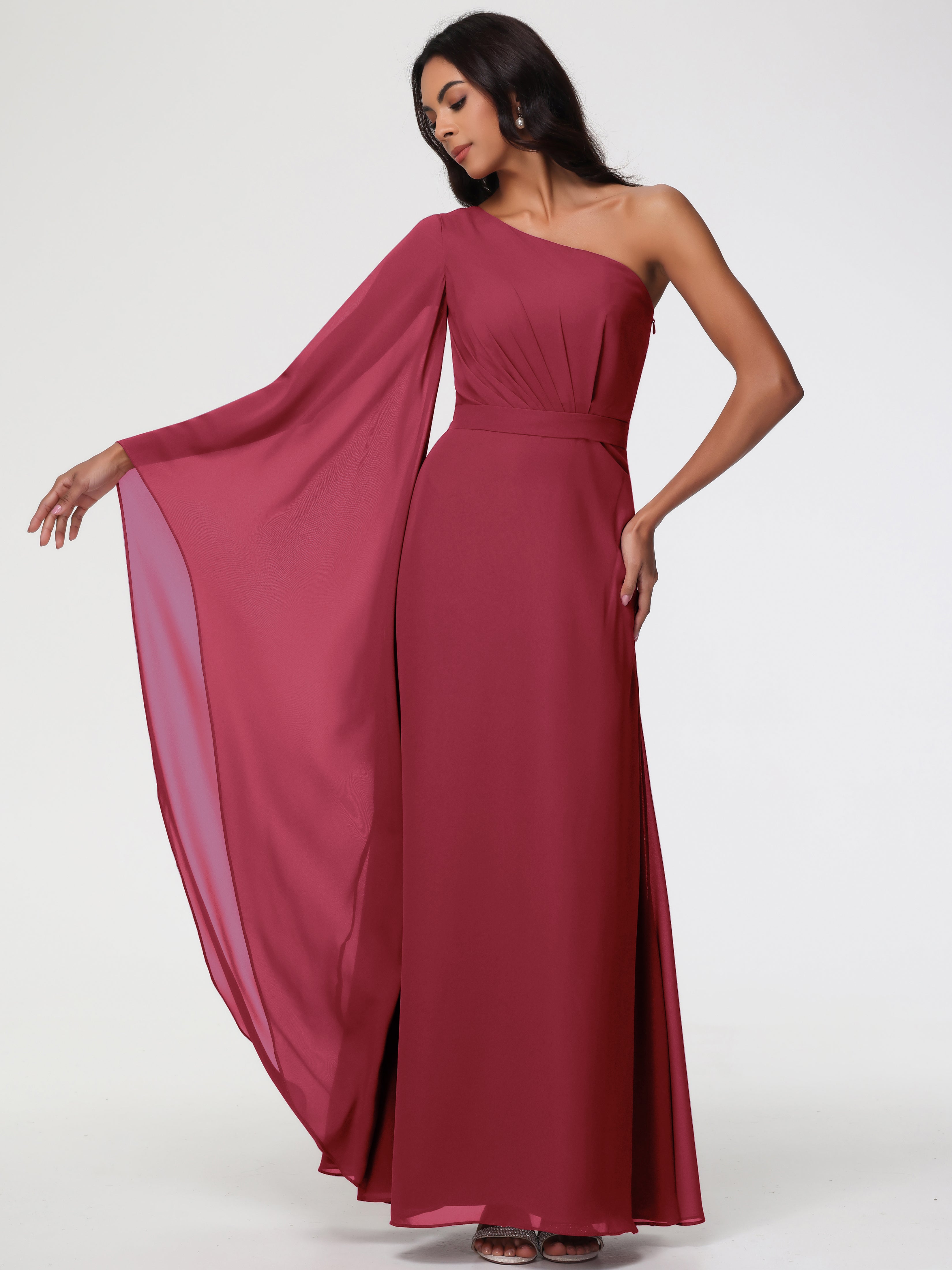 Rose Cannelle Seule-Épaule Manches Asymétriques Mousseline Robe Demoiselle D'Honneur