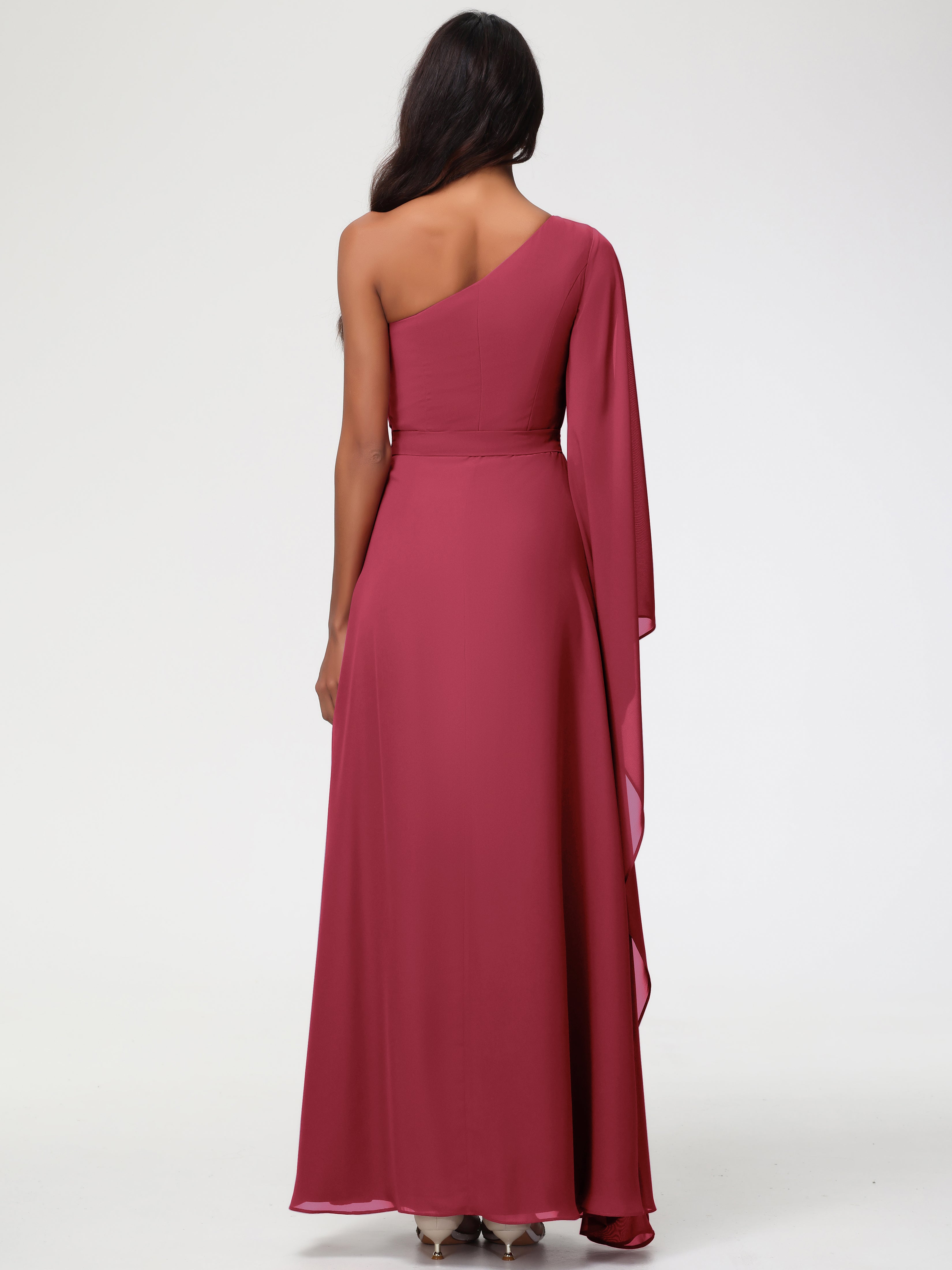 Rose Cannelle Seule-Épaule Manches Asymétriques Mousseline Robe Demoiselle D'Honneur