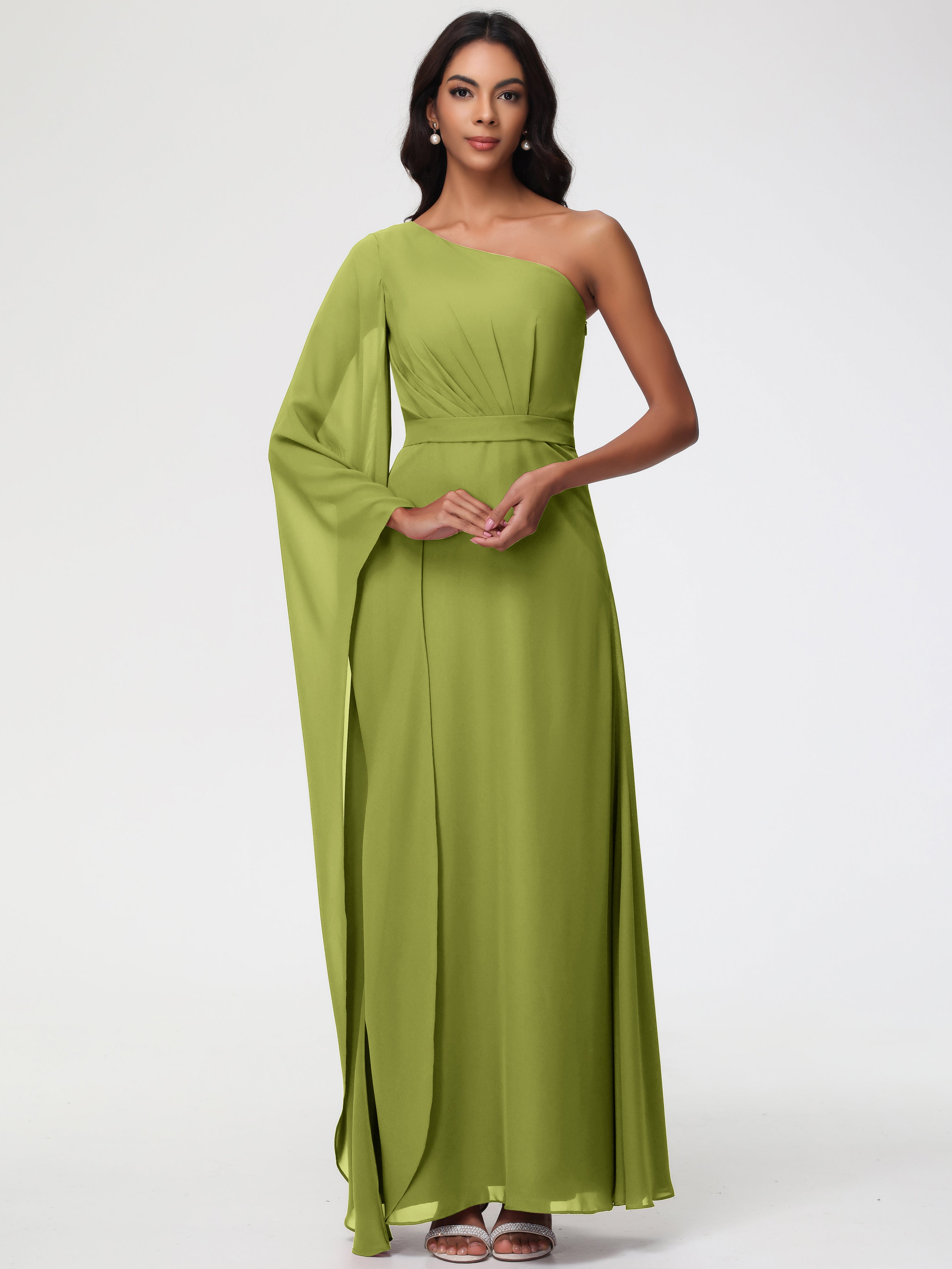 Robes De Demoiselle D'Honneur Trèfle Seule-Épaule Manches Asymétriques Mousseline Robe Demoiselle D'Honneur