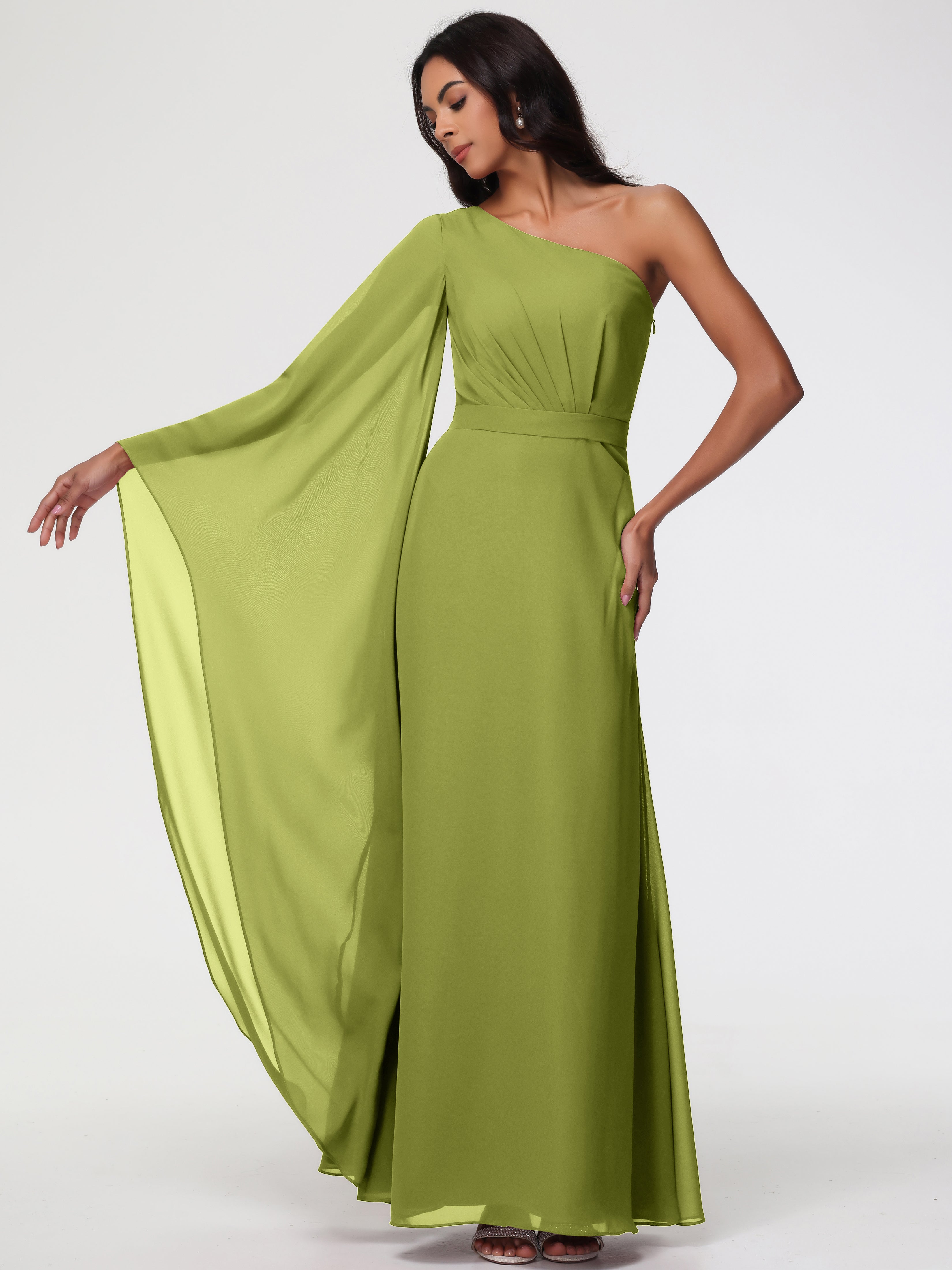 Robes De Demoiselle D'Honneur Trèfle Seule-Épaule Manches Asymétriques Mousseline Robe Demoiselle D'Honneur