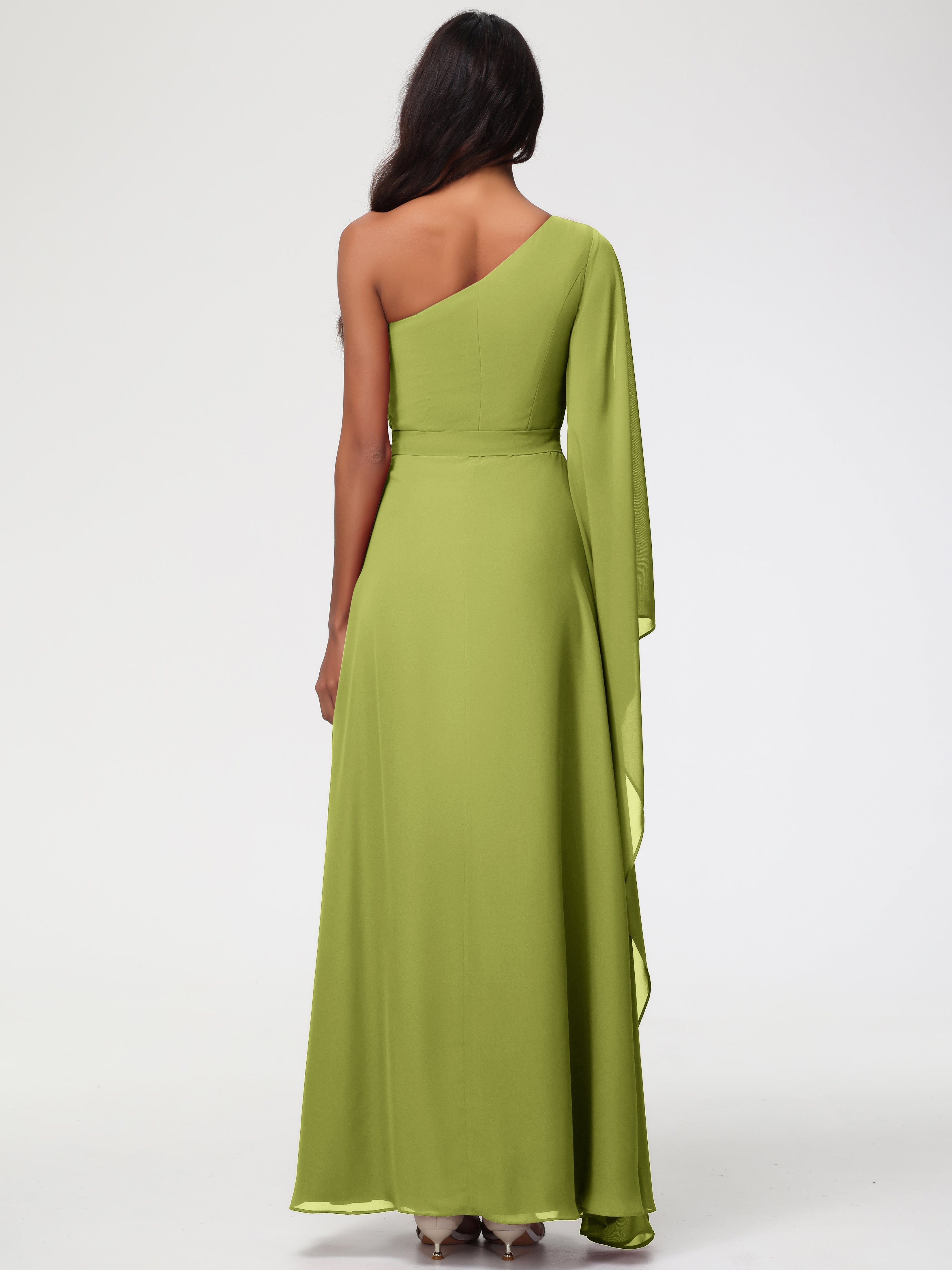 Robes De Demoiselle D'Honneur Trèfle Seule-Épaule Manches Asymétriques Mousseline Robe Demoiselle D'Honneur