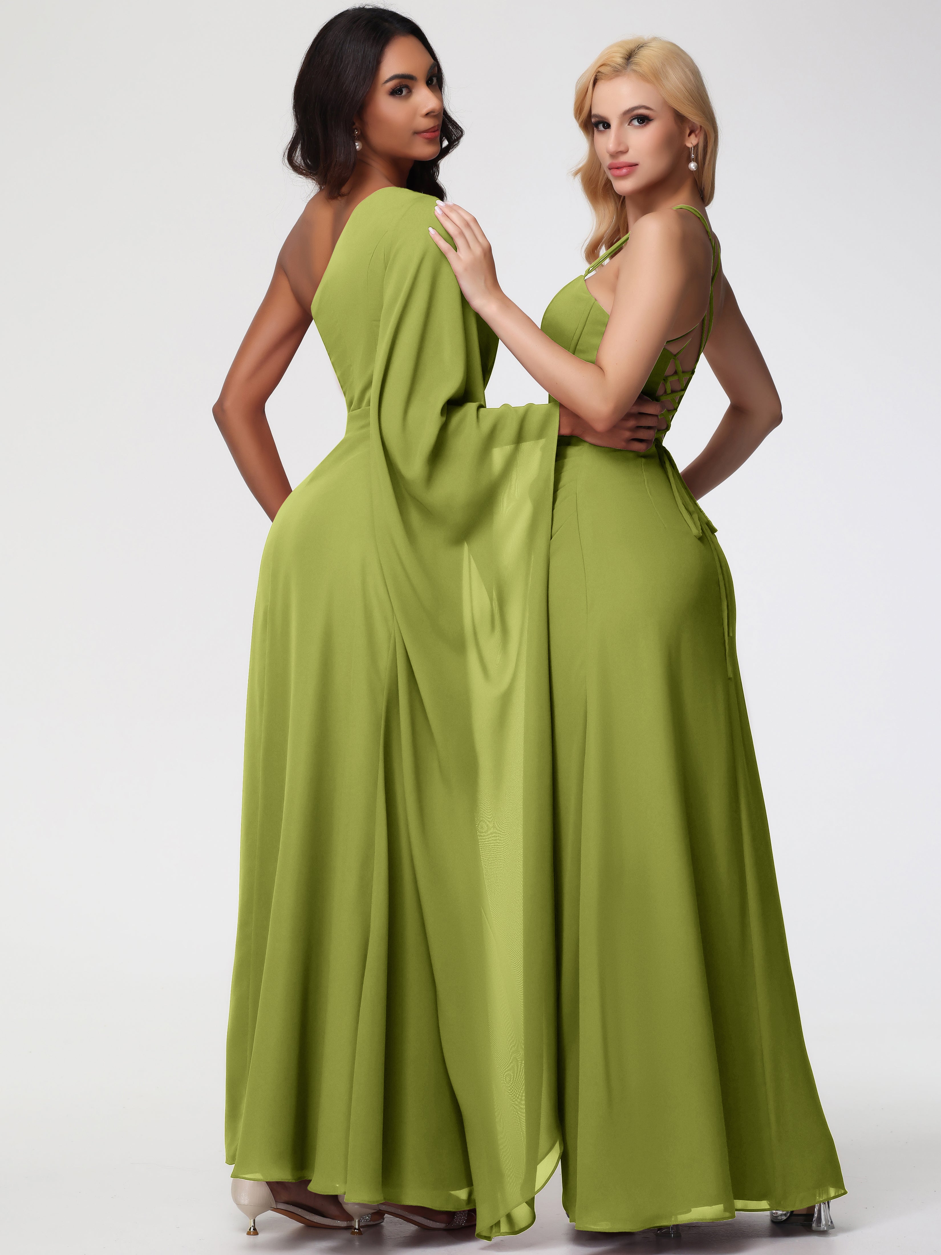 Robes De Demoiselle D'Honneur Trèfle Seule-Épaule Manches Asymétriques Mousseline Robe Demoiselle D'Honneur