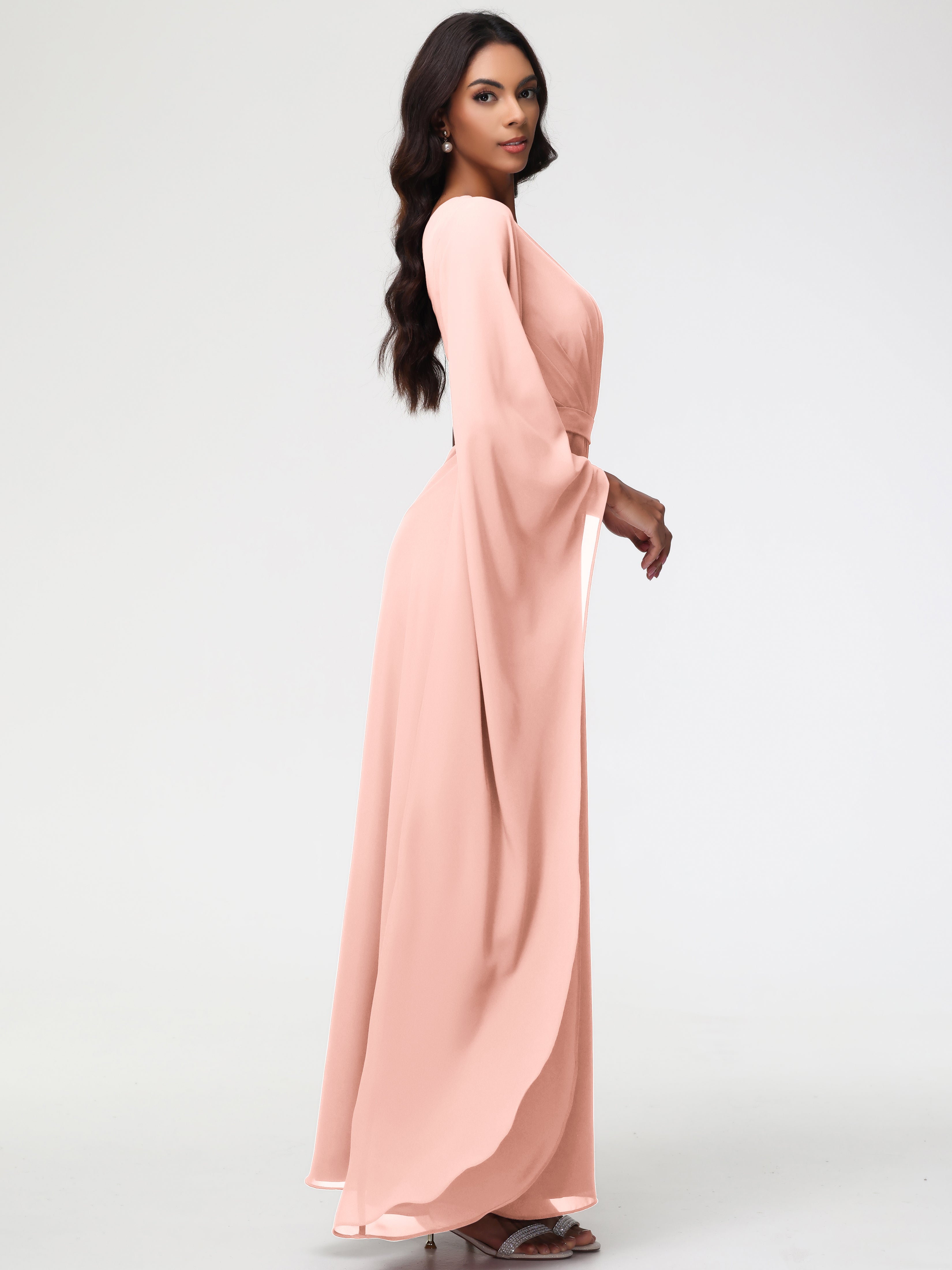 Robe Corail Demoiselle D Honneur Seule-Épaule Manches Asymétriques Mousseline Robe Demoiselle D'Honneur