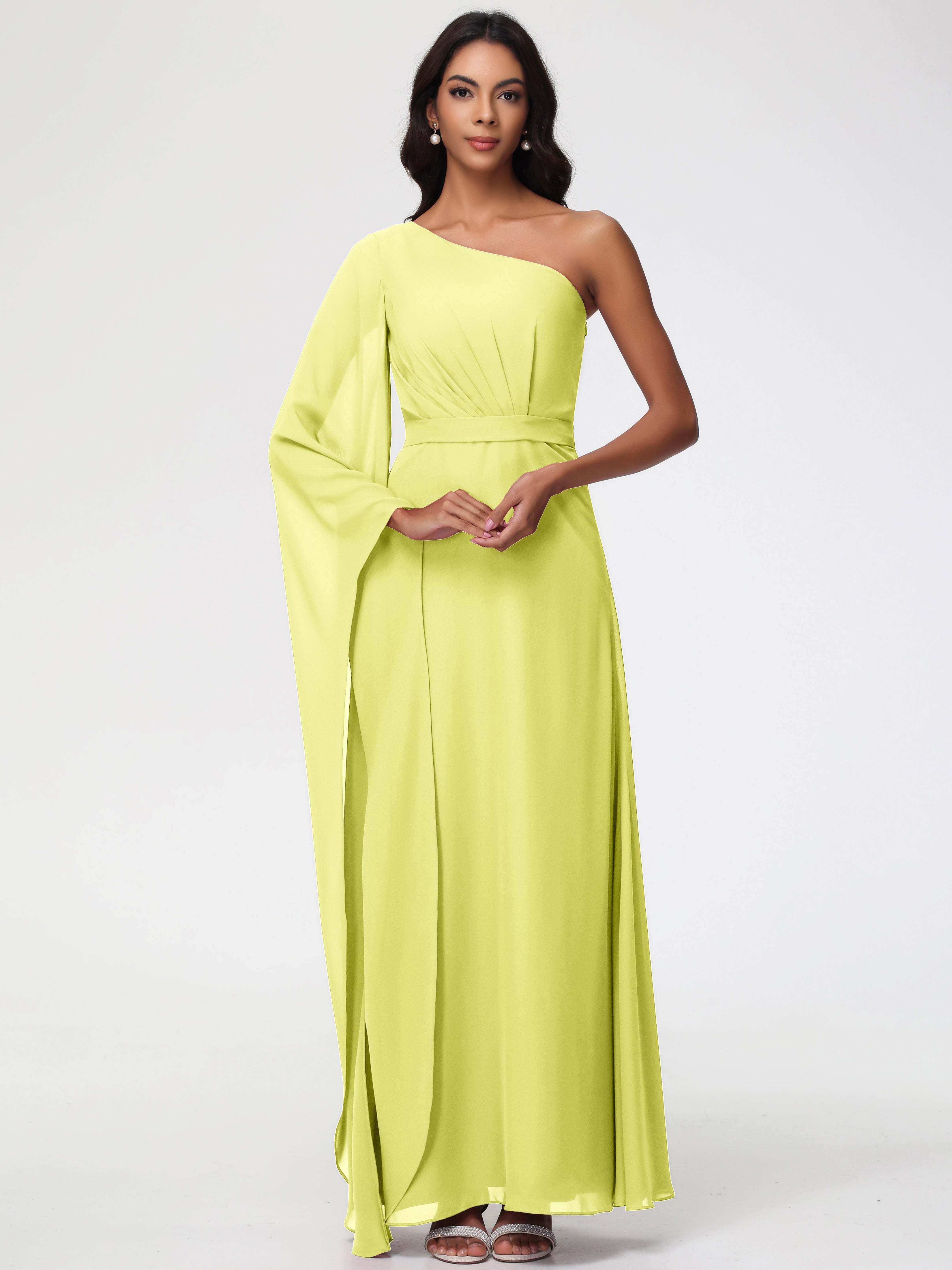 Robes De Demoiselle D'Honneur Jonquille Seule-Épaule Manches Asymétriques Mousseline Robe Demoiselle D'Honneur