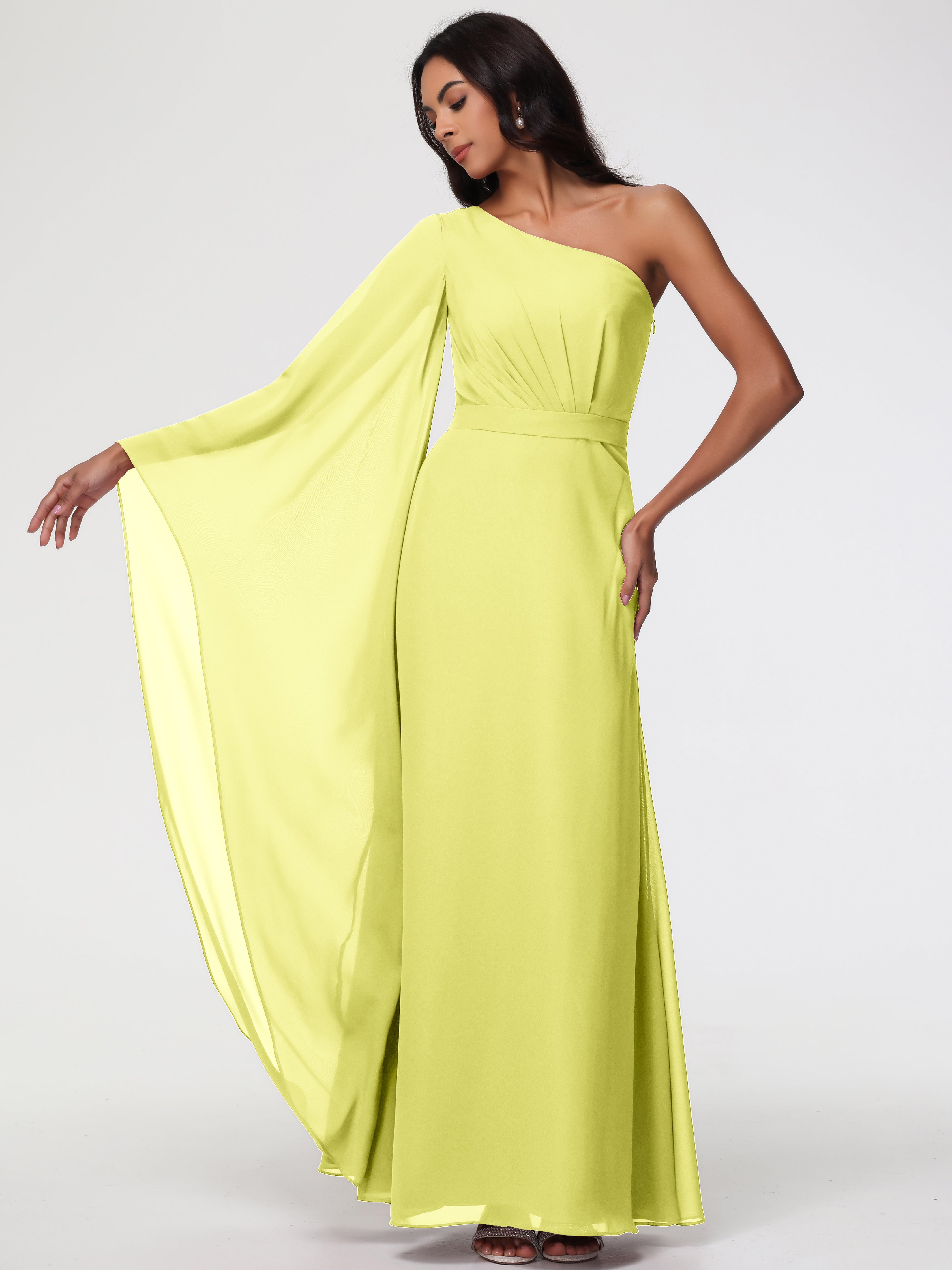 Robes De Demoiselle D'Honneur Jonquille Seule-Épaule Manches Asymétriques Mousseline Robe Demoiselle D'Honneur