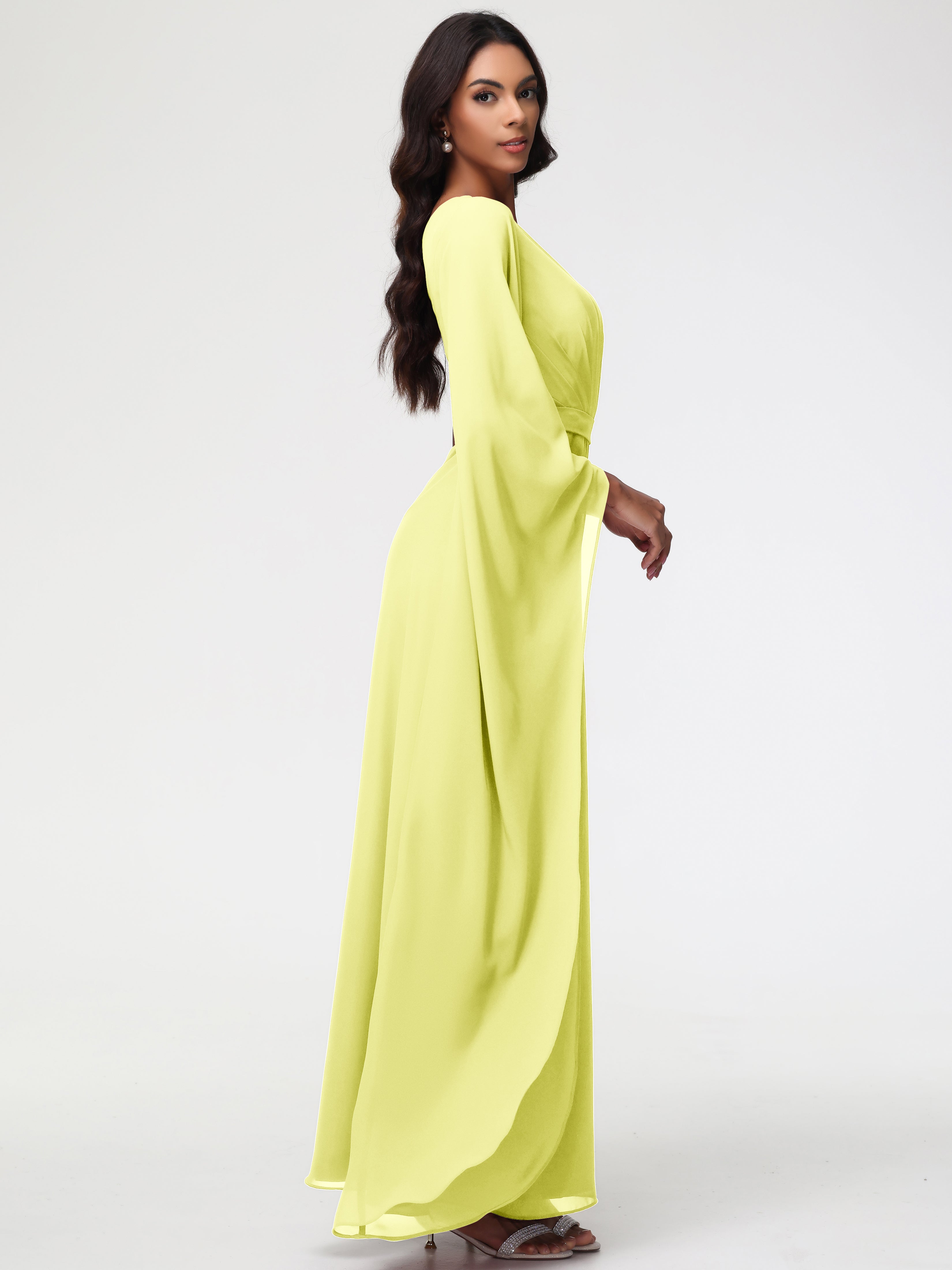 Robes De Demoiselle D'Honneur Jonquille Seule-Épaule Manches Asymétriques Mousseline Robe Demoiselle D'Honneur