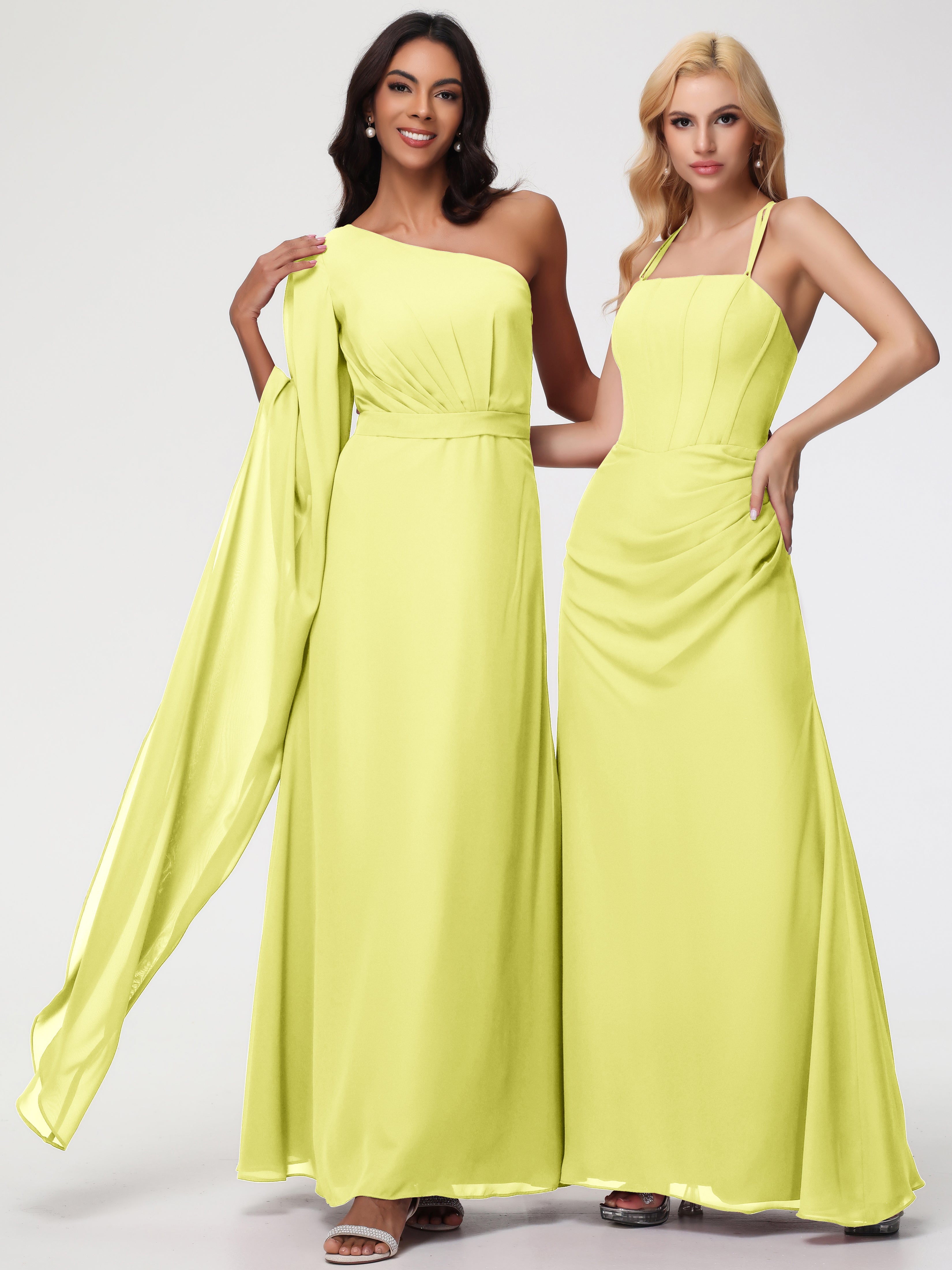 Robes De Demoiselle D'Honneur Jonquille Seule-Épaule Manches Asymétriques Mousseline Robe Demoiselle D'Honneur