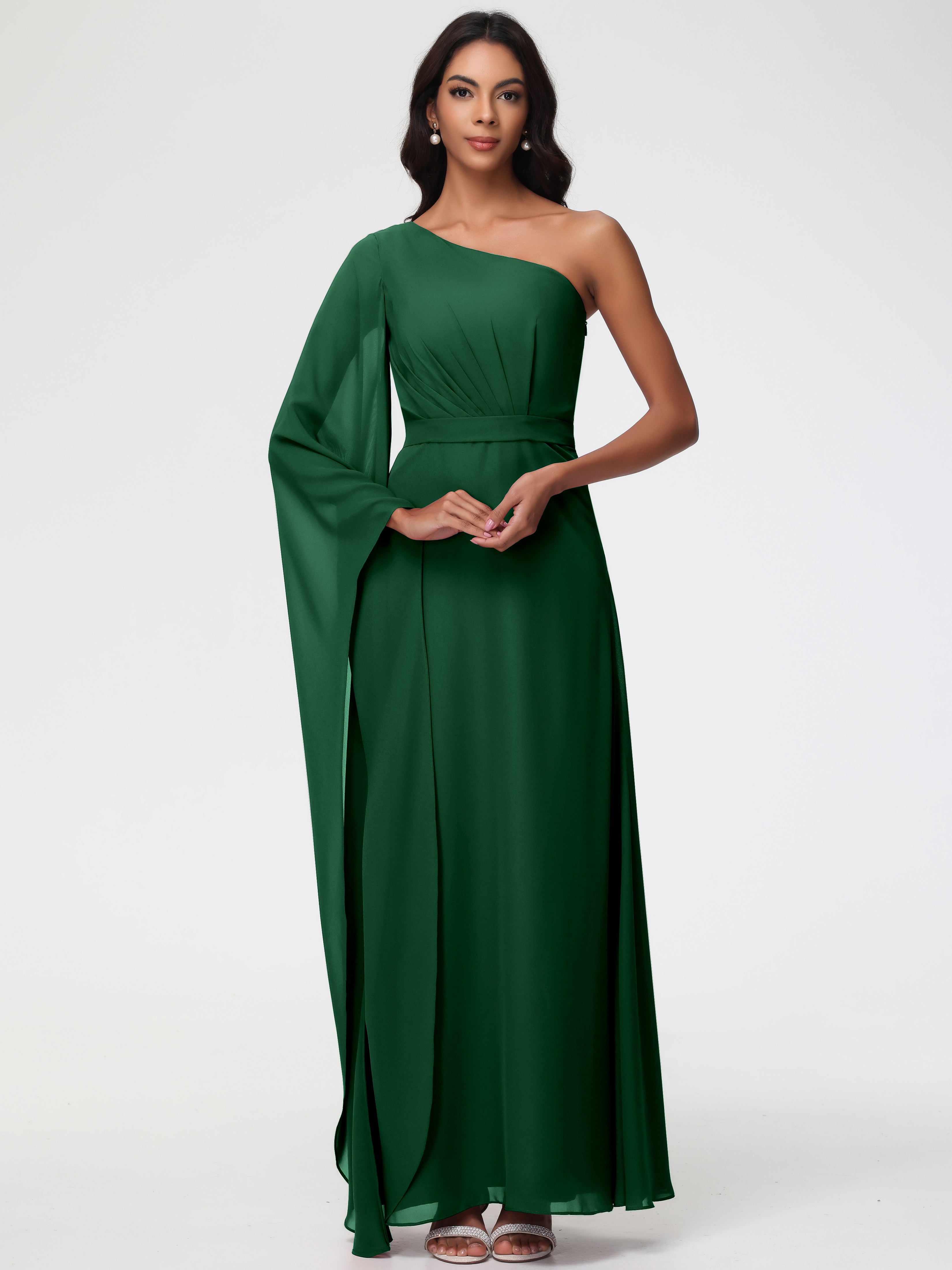 Robes De Demoiselle D'Honneur Vert Foncé Seule-Épaule Manches Asymétriques Mousseline Robe Demoiselle D'Honneur