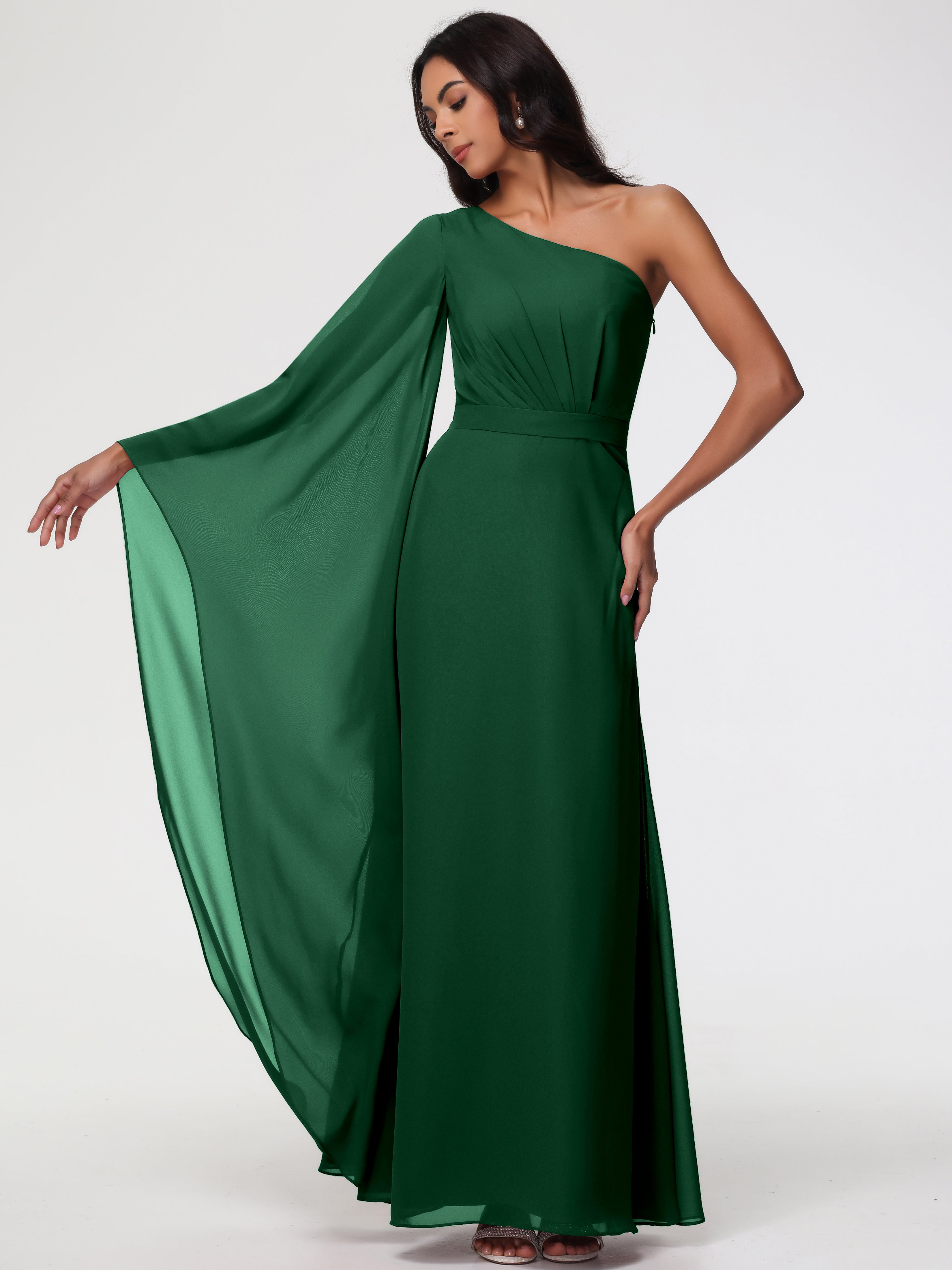 Robes De Demoiselle D'Honneur Vert Foncé Seule-Épaule Manches Asymétriques Mousseline Robe Demoiselle D'Honneur