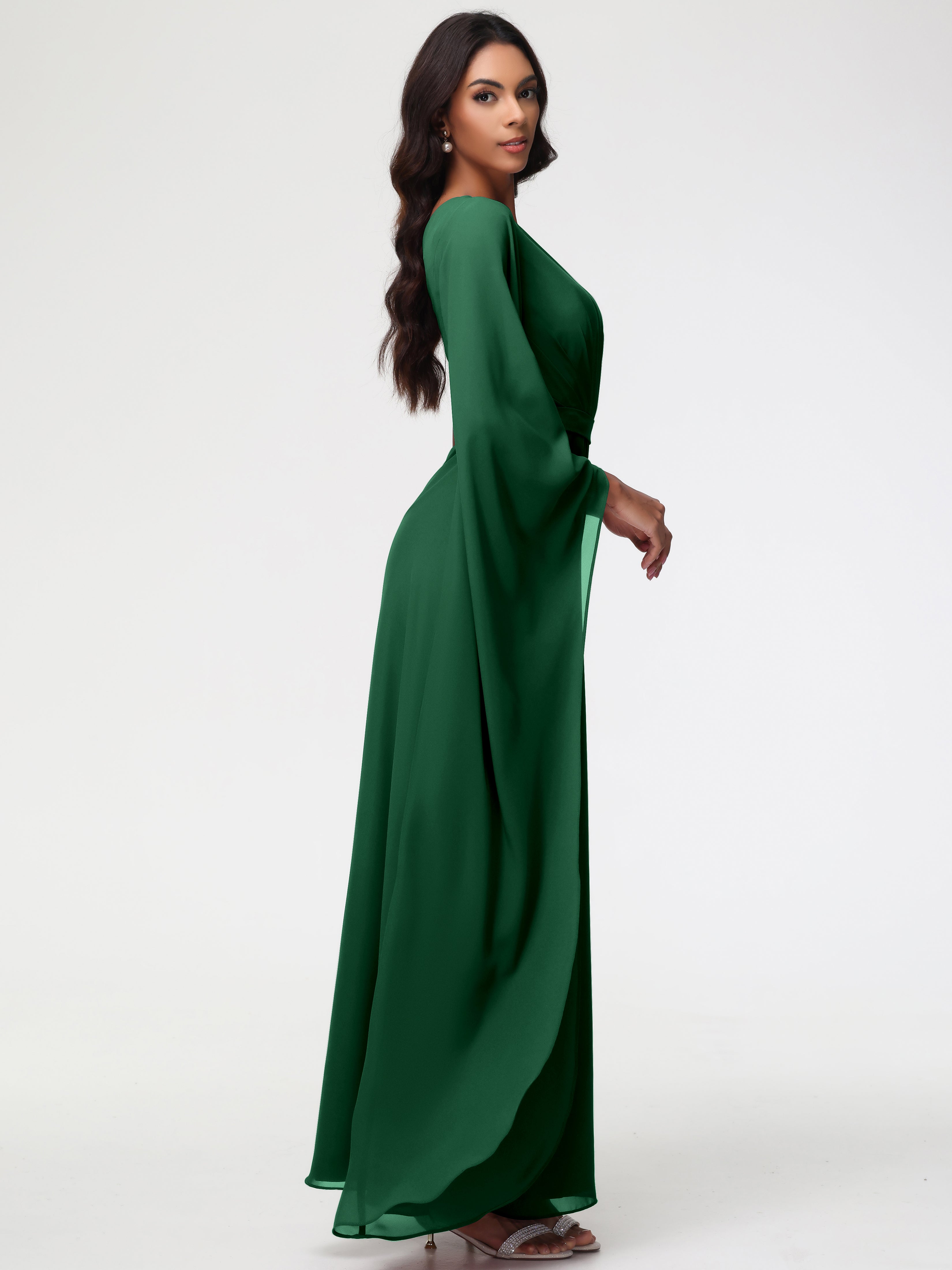 Robes De Demoiselle D'Honneur Vert Foncé Seule-Épaule Manches Asymétriques Mousseline Robe Demoiselle D'Honneur